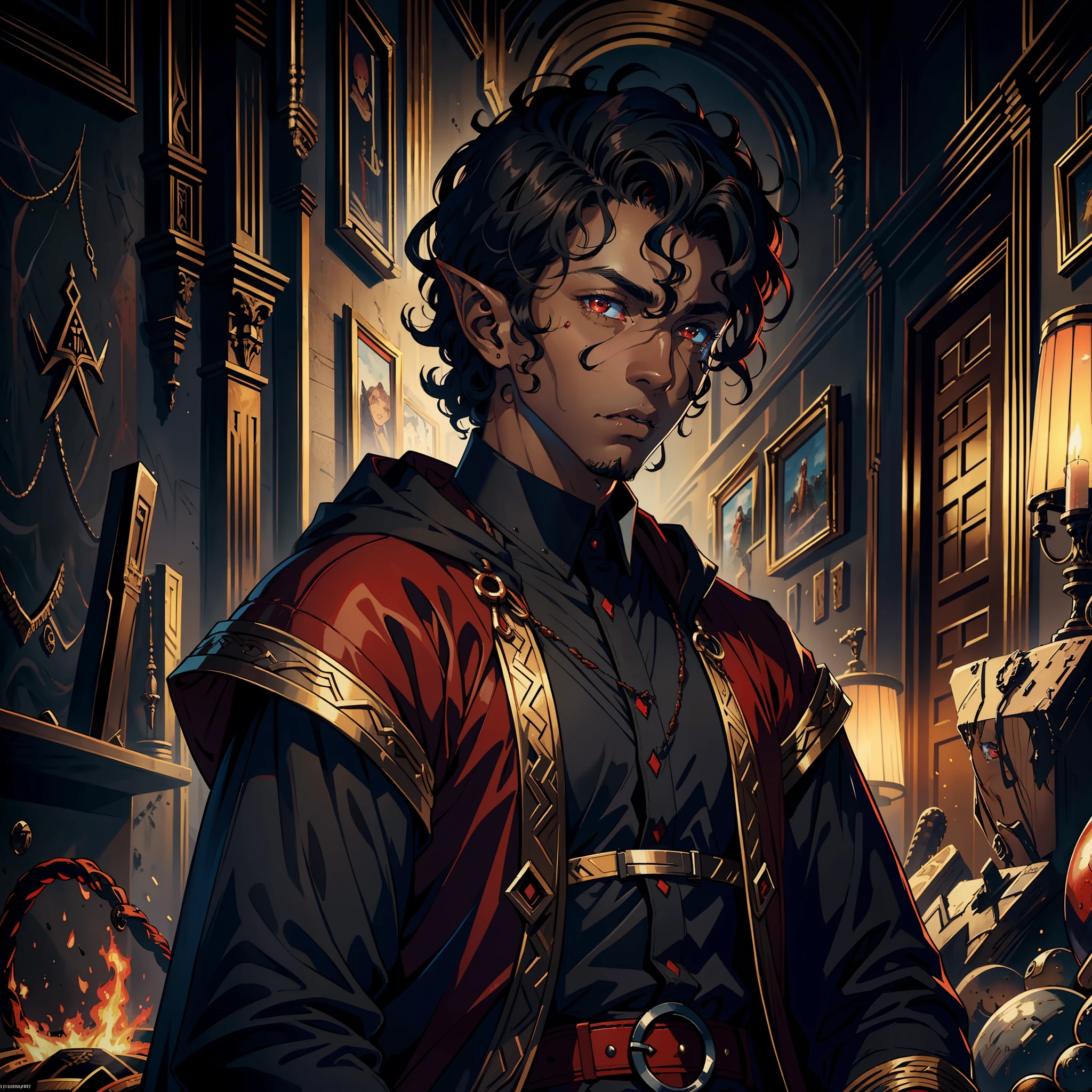 ((realistic: 1.5)),((best quality)), ((masterpiece)),((detailed)), man, black skin colored, young, curly hair, red pupils,demon, focus on face, serious look, elf orelahs, war general's outfit, desert city
