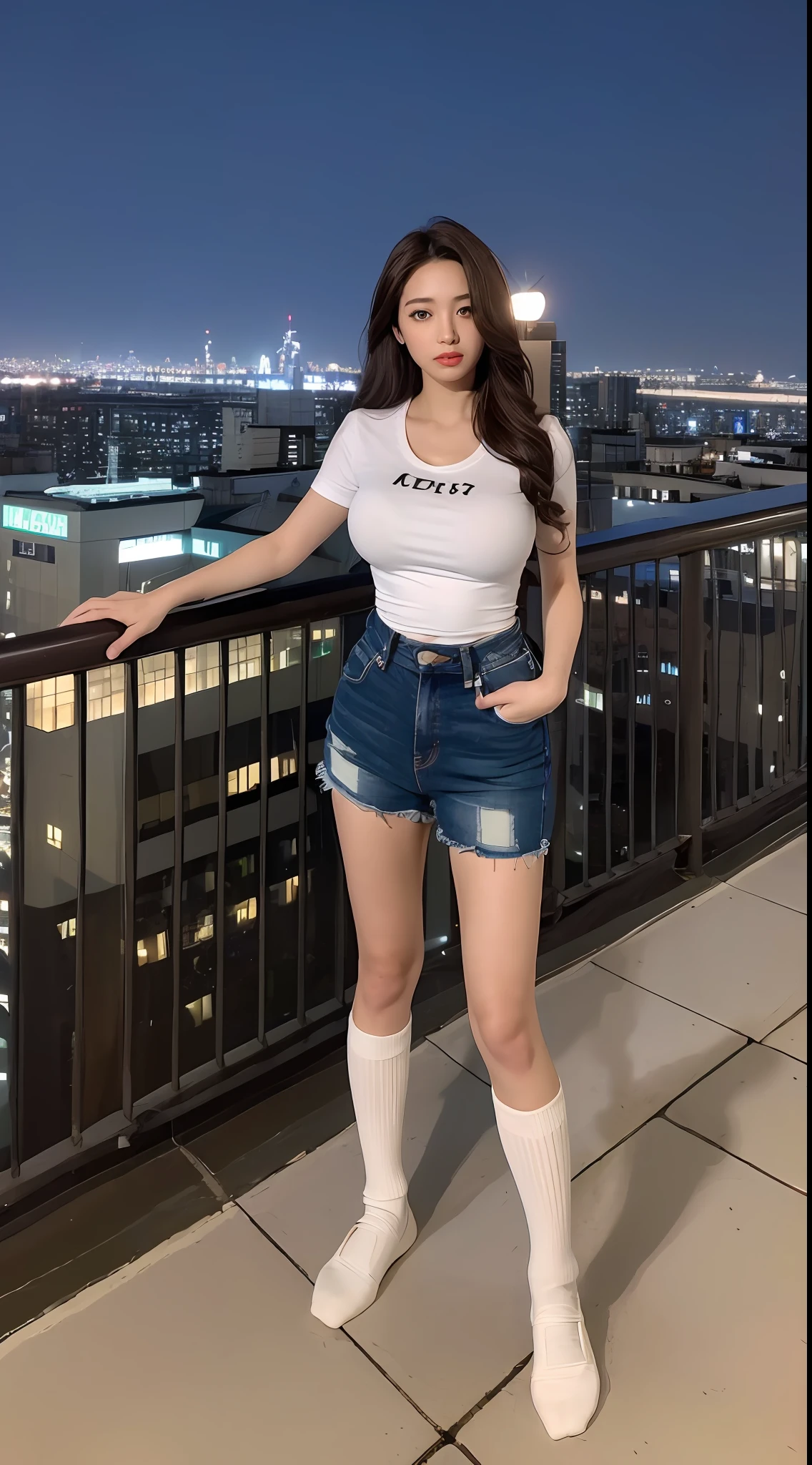((Midnight, Best quality, 8k, Masterpiece :1.3)), Whole body, Long legs, Sharp focus :1.2, A pretty woman with perfect figure :1.4, Slender abs :1.1, ((Dark brown hair, Big breasts :1.2)), (White tight tshirt, Jean bib, Standing:1.2), ((Night city view, Rooftop:1.3)), Highly detailed face and skin texture, Detailed eyes, Double eyelid, white socks, socks view, feet view