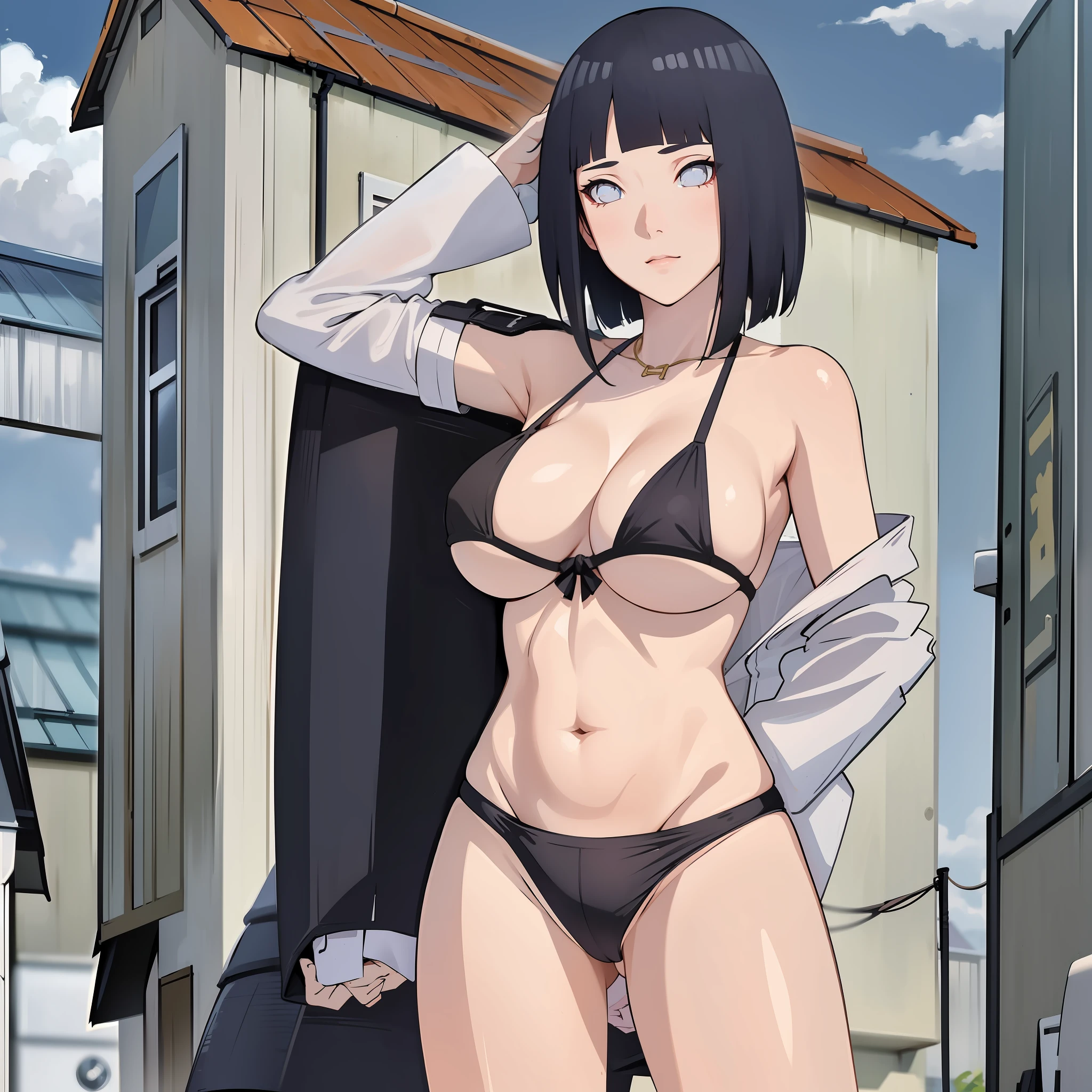 best quality, highres, 1girl, solo, black hair, breasts, folded ponytail, pruples eyes, tao jun, large breasts, micro bikini, outdoor, cowboy shooting