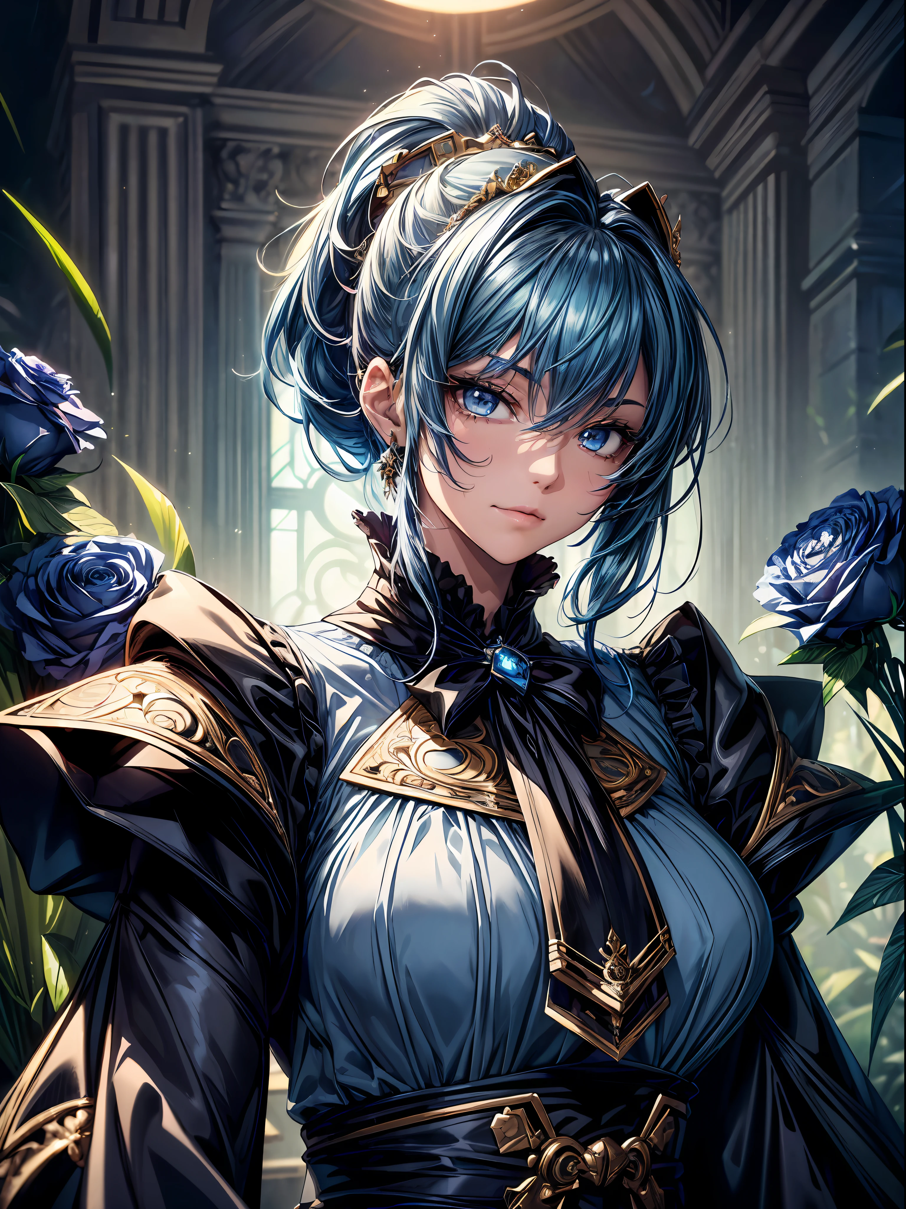 ((Best quality)), ((masterpiece)), ((highly intricate details)),beautiful, high quality, highres, absurdres, light difussion, intricate details, complex details, ((anime)), (anime:1.2) , (perfect face:1.3), extreme detailed eyes, colorful, highest detailed, vibrant colors, high contrast, (8K UHD:1.2), (photorealistic:1.2),(masterpiece:1.4), (best quality:1.4),extremely detailed wallpaper, highly detailed illustrations, ((1 Boy)), (best lighting) , (super-complex details) , 4K unified, (super-detailed CG: 1.2) , (8K: 1.2),(original), (masterpiece) , (best quality) , (reality: 1.3) , photorealistic, Octane rendering, (surreal: 1.2) ,masterpiece, absurdres,1female, (webtoons art), anime art, vivid colors, vibrant colors, glaze, shine, luminescent, iridescent, chromatic aberration, upper body, ((narrow sharp eyes)), ear accessories, ((tsurime)), (high ponytail), gold accessories, sly, cunning, seductive smirk, ((dark ultramarine blue hair)), blue hair, ((dark black grey gray eyes)), white shirt, blue necktie, puffy sleeves, long sleeves, frills, epaulettes, cape, fantasy clothes, dress, (dark blue roses:1.2), (floral background:1.2), art nouveau, seductive smirk, ((mature, cool, badass, adult)), ((muscular:1))