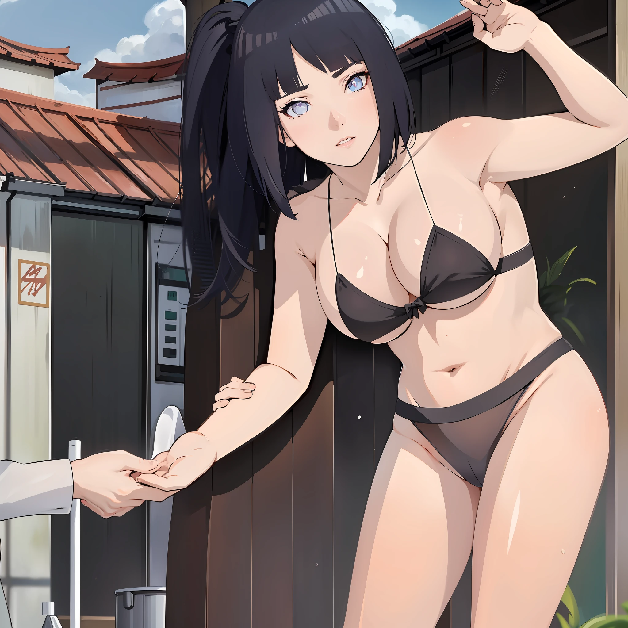 best quality, highres, 1girl, solo, black hair, breasts, folded ponytail, pruples eyes, tao jun, large breasts, micro bikini, outdoor, cowboy shooting