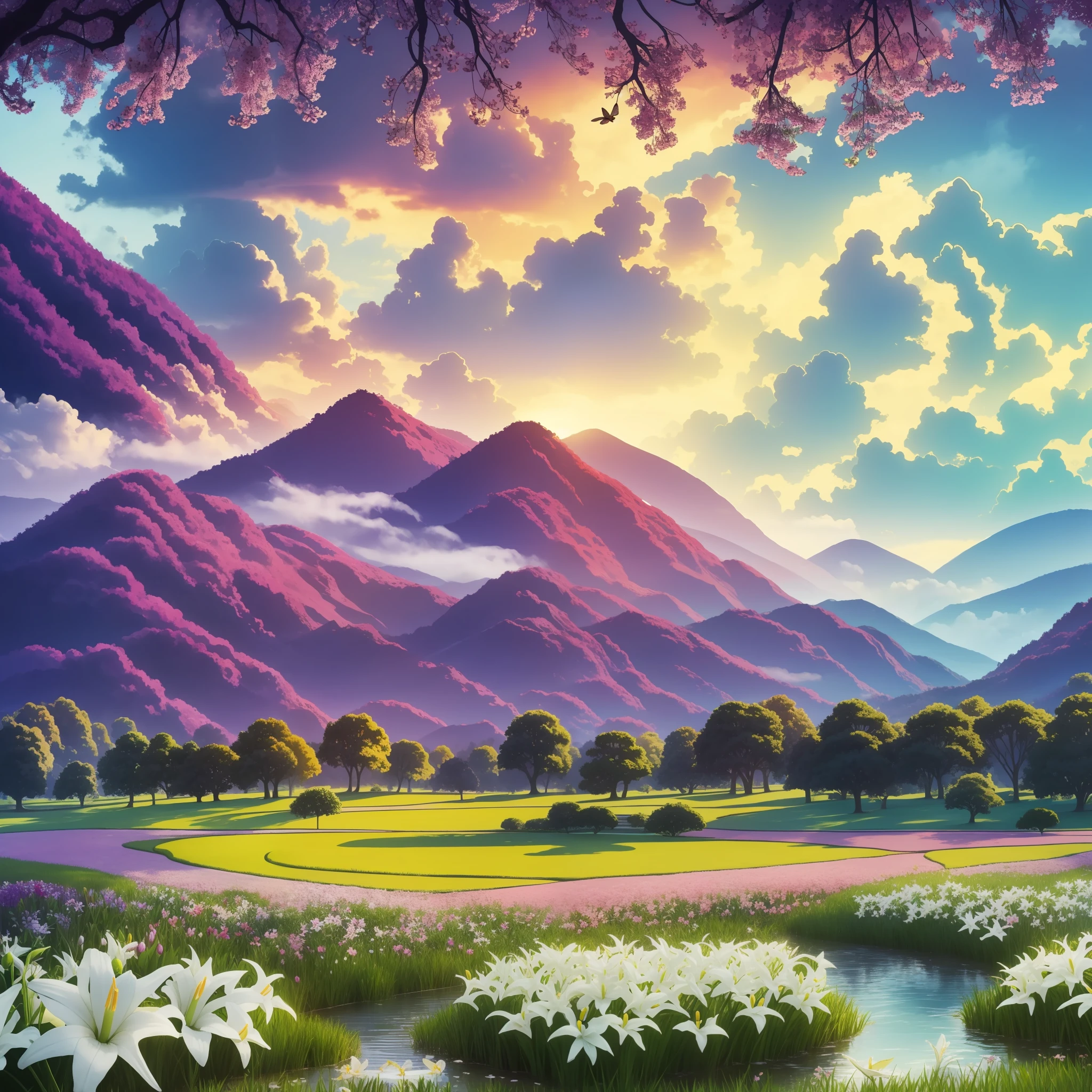Best quality, masterpiece, 8k, In the center, a lush garden unfolds, revealing an idyllic scene representing the Garden of Eden. The exotic and lush vegetation intertwines in a tapestry of vivid and vibrant colors. The flowers bloom in a profusion of shades of pink, orange, yellow and purple, filling the air with a sweet and soft aroma. A soft golden light permeates the scene, creating an ethereal glow that envelops each element. Rays of sunshine pierce through the treetops, pouring in delicate patterns of light and shade on the ground covered in soft, verdant grass. A faint mist hangs in the air, conferring an atmosphere of serenity and mysticism. In the center of the garden, a large, majestic oak tree rises, with sturdy branches and dense foliage. Its welcoming shade is home to a variety of creatures: colorful birds, dancing butterflies and small animals that coexist in harmony. This diversity of life represents the abundance and interconnectedness of all forms of life in paradise. In a crystal clear lake, surrounded by white lilies, a pair of swans glides gracefully, personifying purity and grace. Small streams wind through the garden, offering crystal clear water that reflects the beauty that surrounds it. On the horizon, majestic mountains rise, their high ridges adorned with gleaming snow, while a pure blue sky stretches above, filled with soft white clouds.