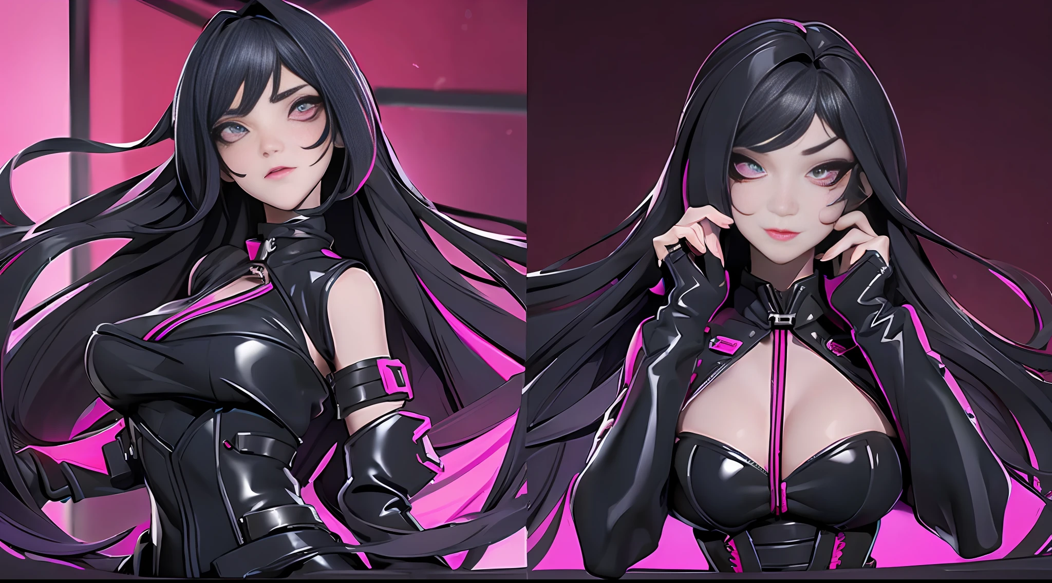 full body picture Unreal Engine 5 8K UHD, beautiful girl, black hair, wearing tight latex catsuit with gothic black short dress outwear with laces, body harness, corset, collar, magenta eyes, dark makeup, seductive moods, detailed face, best quality, masterpiece