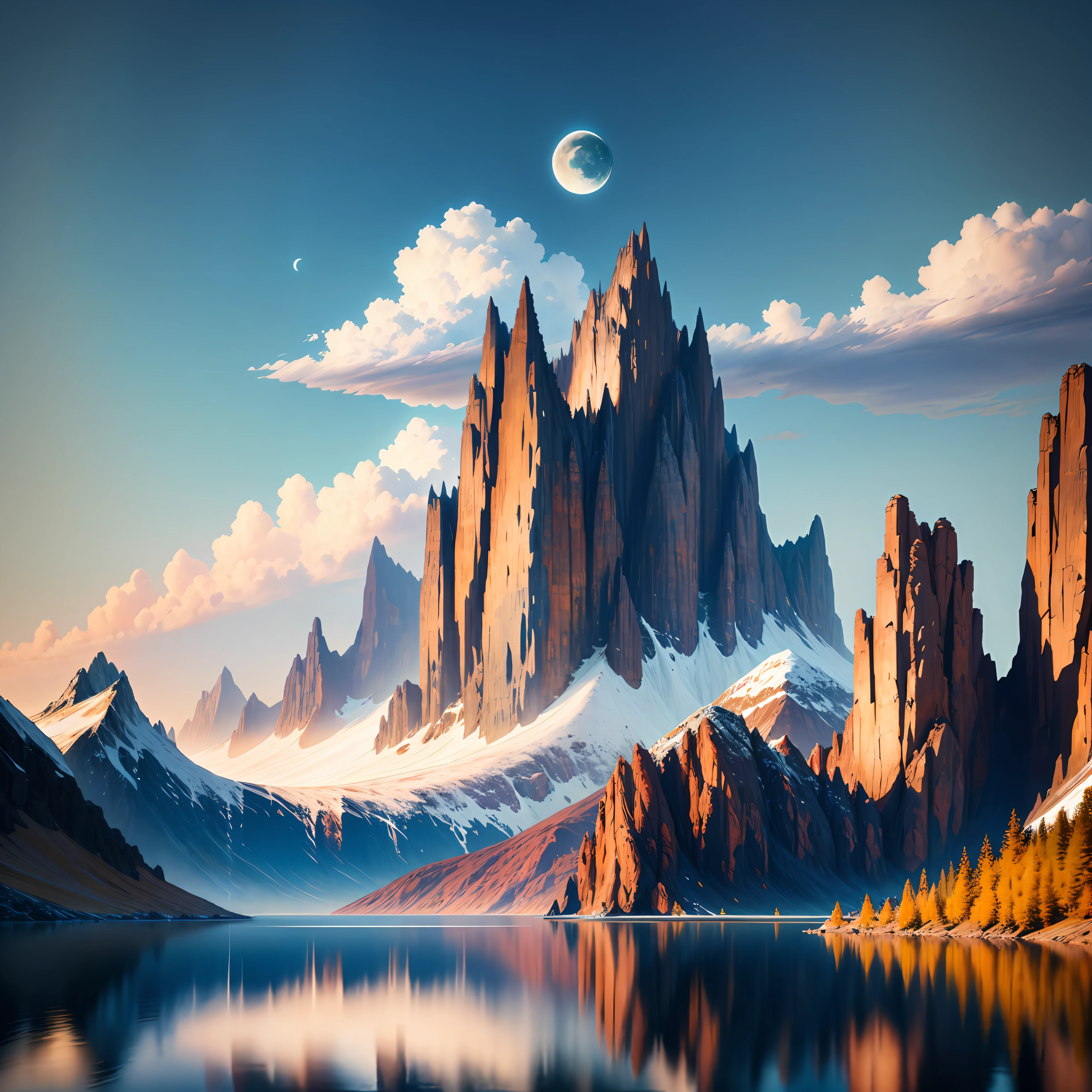 mountains and a lake with a moon in the sky, 4k highly detailed digital art, 4 k hd wallpaper very detailed, impressive fantasy landscape, sci-fi fantasy desktop wallpaper, unreal engine 4k wallpaper, 4k detailed digital art, sci-fi fantasy wallpaper, epic dreamlike fantasy landscape, 4k hd matte digital painting, 8k stunning artwork