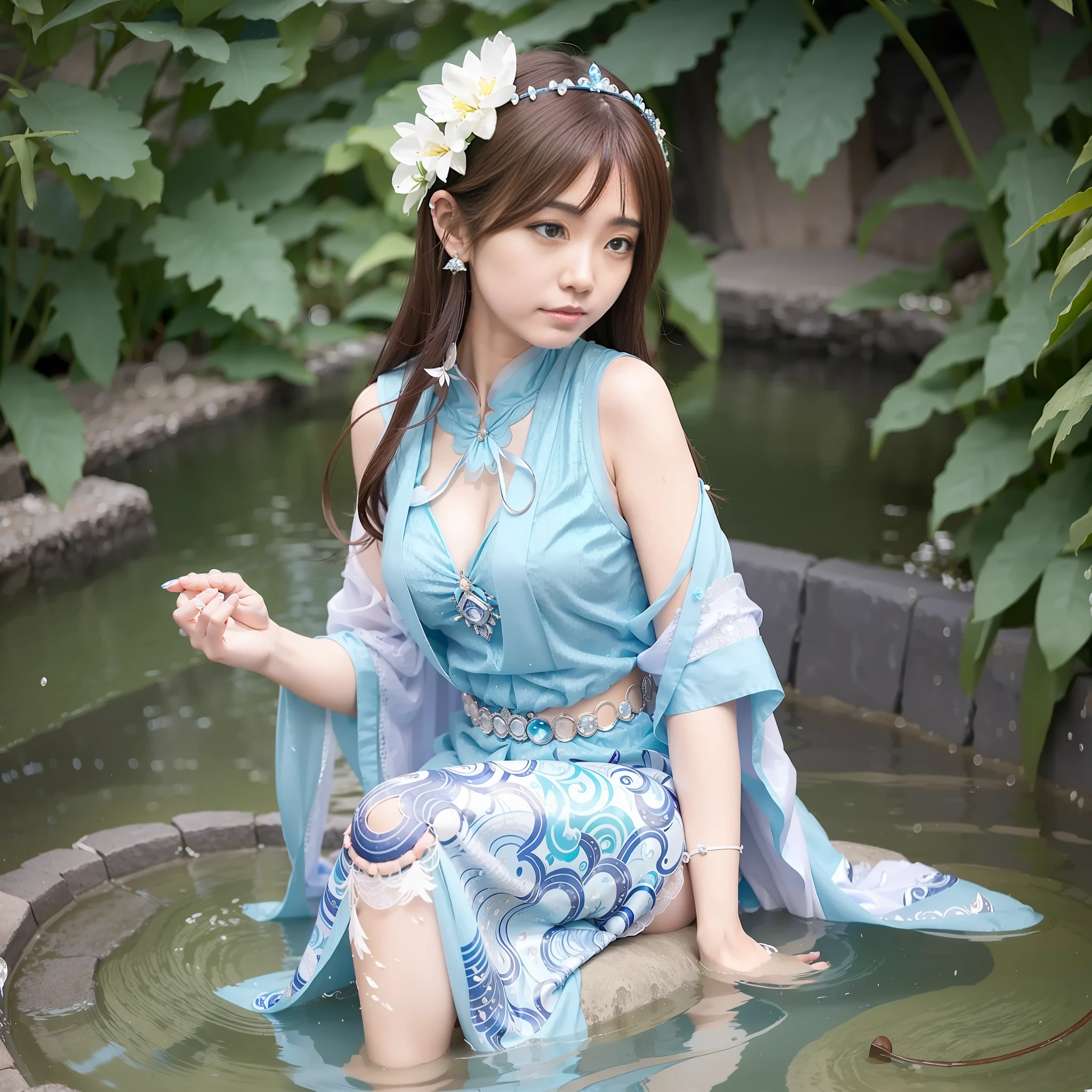 a woman in a blue and white dress is standing in the water, anime girl cosplay, beautiful maiden, beautiful fantasy maiden, anime goddess, a beautiful fantasy empress, goddess of spring, anime cosplay, asian female water elemental, japanese goddess, fantasy beautiful, chinese fantasy, water fairy, ethereal beauty, beautiful goddess, cosplay photo, 中 元 节