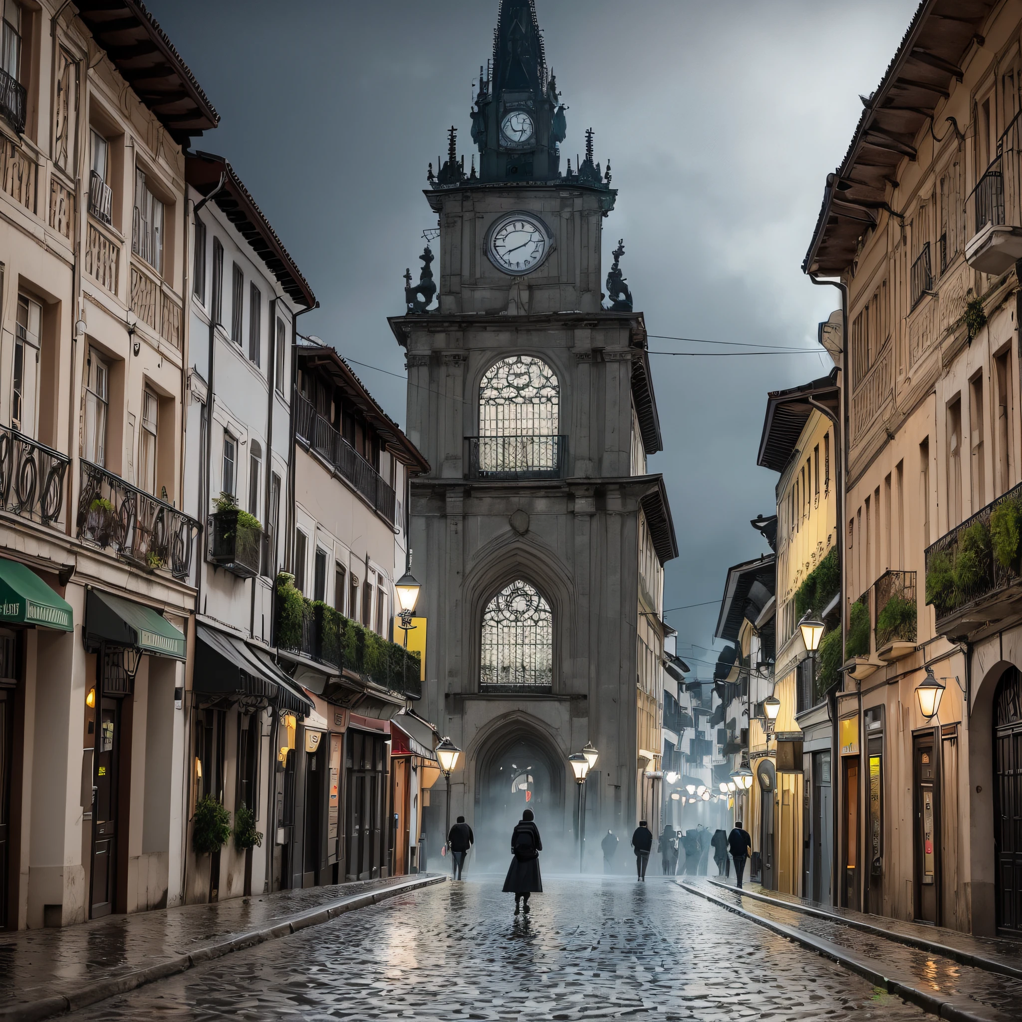 Please create a realistic illustration with the following characteristics:
Largo da Ordem in Curitiba.
Black sky with heavy fog.
Completely empty streets.
Medieval architecture.
Dark atmosphere, mystery, and fantasy. --auto --s2