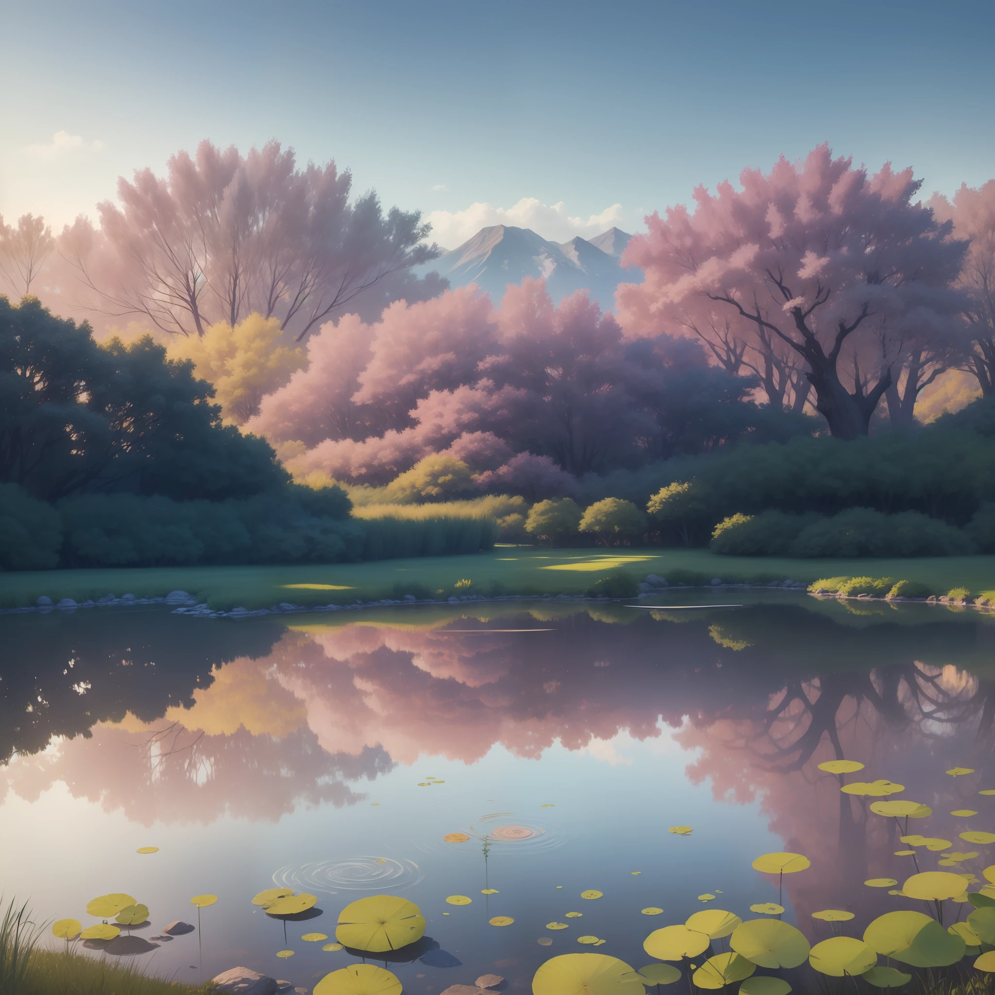 Best quality, masterpiece, 8k, In the center, a lush garden unfolds, revealing an idyllic scene representing the Garden of Eden. The exotic and lush vegetation intertwines in a tapestry of vivid and vibrant colors. The flowers bloom in a profusion of shades of pink, orange, yellow and purple, filling the air with a sweet and soft aroma. A soft golden light permeates the scene, creating an ethereal glow that envelops each element. Rays of sunshine pierce through the treetops, pouring in delicate patterns of light and shade on the ground covered in soft, verdant grass. A faint mist hangs in the air, conferring an atmosphere of serenity and mysticism. In the center of the garden, a large, majestic oak tree rises, with sturdy branches and dense foliage. Its welcoming shade is home to a variety of creatures: colorful birds, dancing butterflies and small animals that coexist in harmony. This diversity of life represents the abundance and interconnectedness of all forms of life in paradise. In a crystal clear lake, surrounded by white lilies, a pair of swans glides gracefully, personifying purity and grace. Small streams wind through the garden, offering crystal clear water that reflects the beauty that surrounds it. On the horizon, majestic mountains rise, their high ridges adorned with gleaming snow, while a pure blue sky stretches above, filled with soft white clouds.