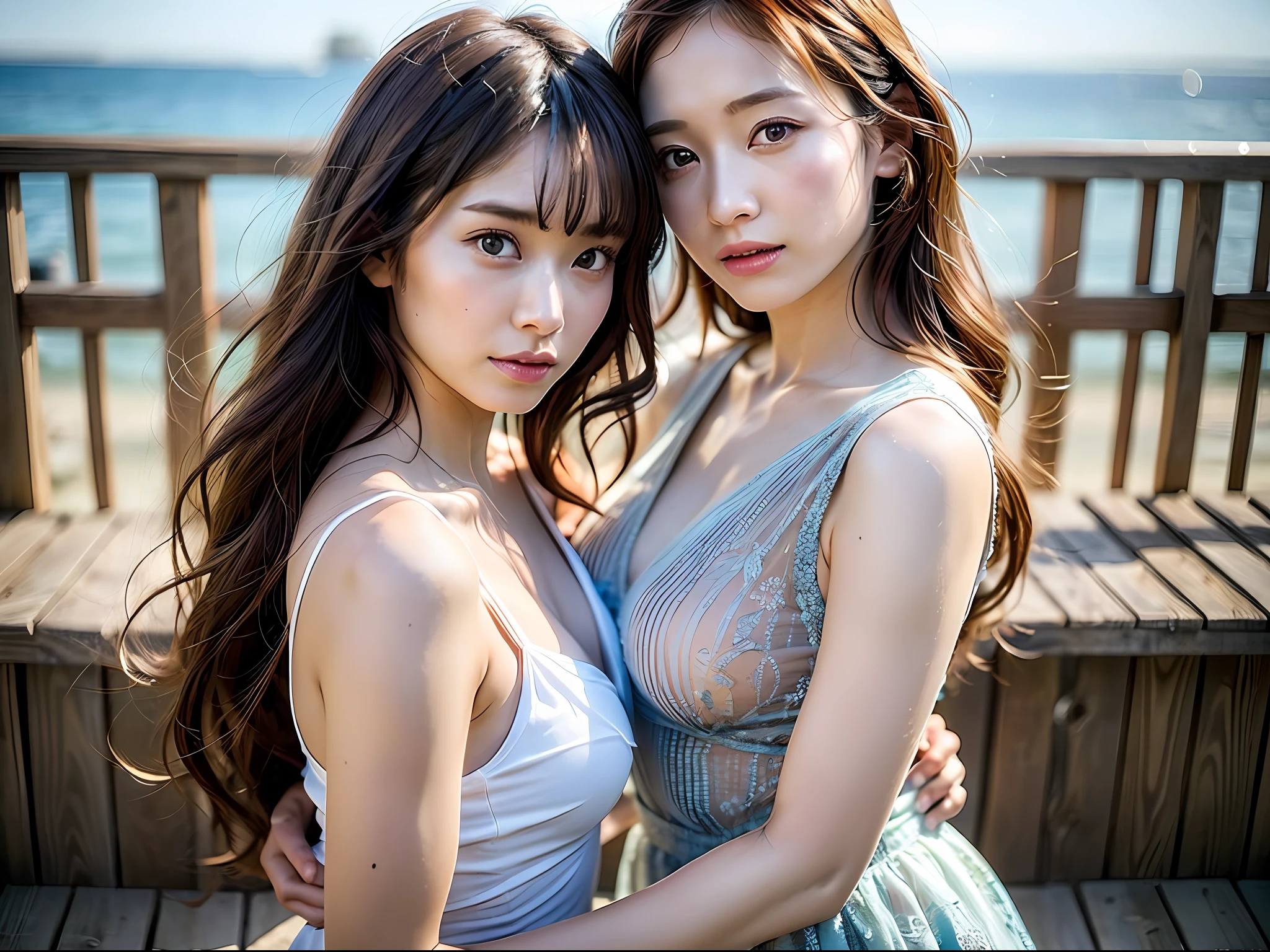 (8k, Best Quality, Masterpiece:1.2),(hair_style) ,(Realistic, Photorealistic:1.37), Best Quality, Masterpiece, Shot on a wooden deck with a view of the sky and sea in the summer sun, [Small breasts], Two models with a similar atmosphere, two people arranged in a well-balanced manner, high balance, backlight, camera angle from below, Hands over the ears, Shot in natural light from morning to noon, Hairstyle and fashion style according to the Japan trend of 2023, realistic, lifelike, super detailed, beautiful face, 30s, actress, Japan and half Russian model, elaborate CG, slender, cute, mature, hairstyle is long and bob, hair fluttering in the wind according to the Japan fashion of 2023, delicate skin type, fine details and softness of hair, The model's hair color is slightly bright and soft, and the glossy makeup and fashion style look energetic with less exposed surf fashion that matches the summer trend of 2023
