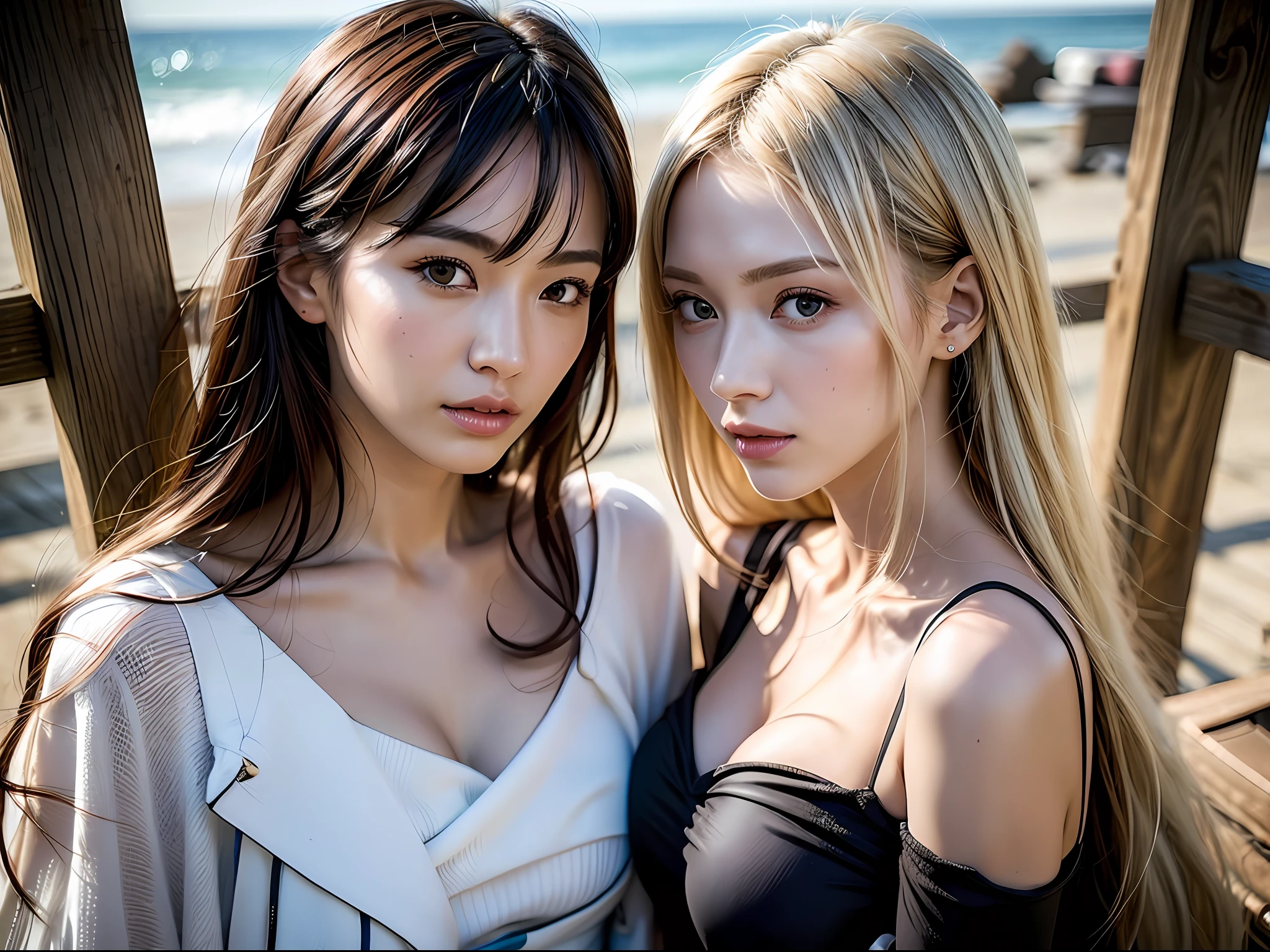 (8k, Best Quality, Masterpiece:1.2),(hair_style) ,(Realistic, Photorealistic:1.37), Best Quality, Masterpiece, Shot on a wooden deck with a view of the sky and sea in the summer sun, [Small breasts], Two models with a similar atmosphere, two people arranged in a well-balanced manner, high balance, backlight, camera angle from below, Hands over the ears, Shot in natural light from morning to noon, Hairstyle and fashion style according to the Japan trend of 2023, realistic, lifelike, super detailed, beautiful face, 30s, actress, Japan and half Russian model, elaborate CG, slender, cute, mature, hairstyle is long and bob, hair fluttering in the wind according to the Japan fashion of 2023, delicate skin type, fine details and softness of hair, The model's hair color is slightly bright and soft, and the glossy makeup and fashion style look energetic with less exposed surf fashion that matches the summer trend of 2023