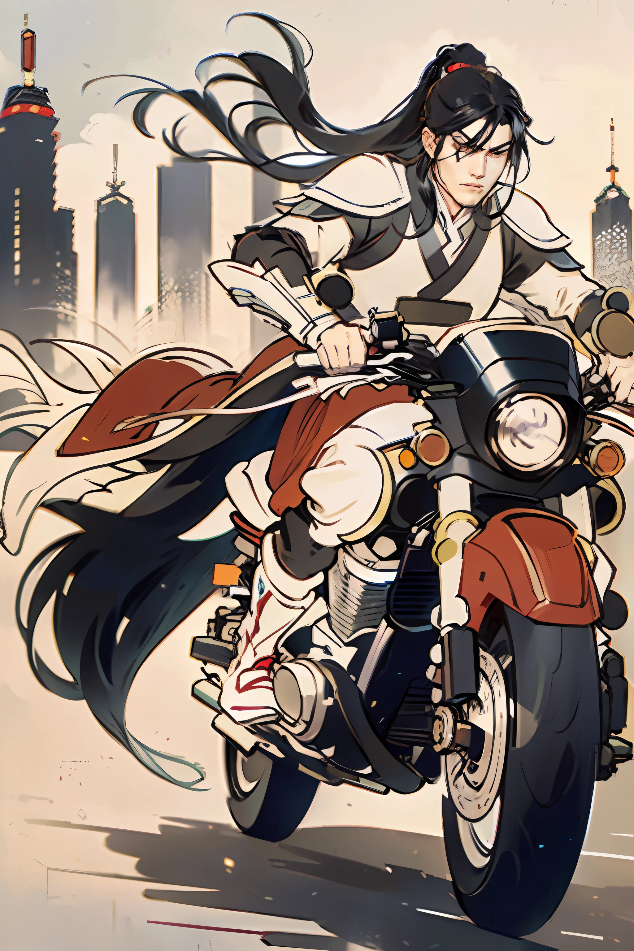 Comic book style, HD picture quality, full body, perfect face, perfect eyes, Chinese man, big eyes, handsome face, long black hair, high ponytail, wearing white armor, white clothes, holding a red tasseled gun, Riding a white motorcycle, motorcycle, cyberpunk, mecha arms,