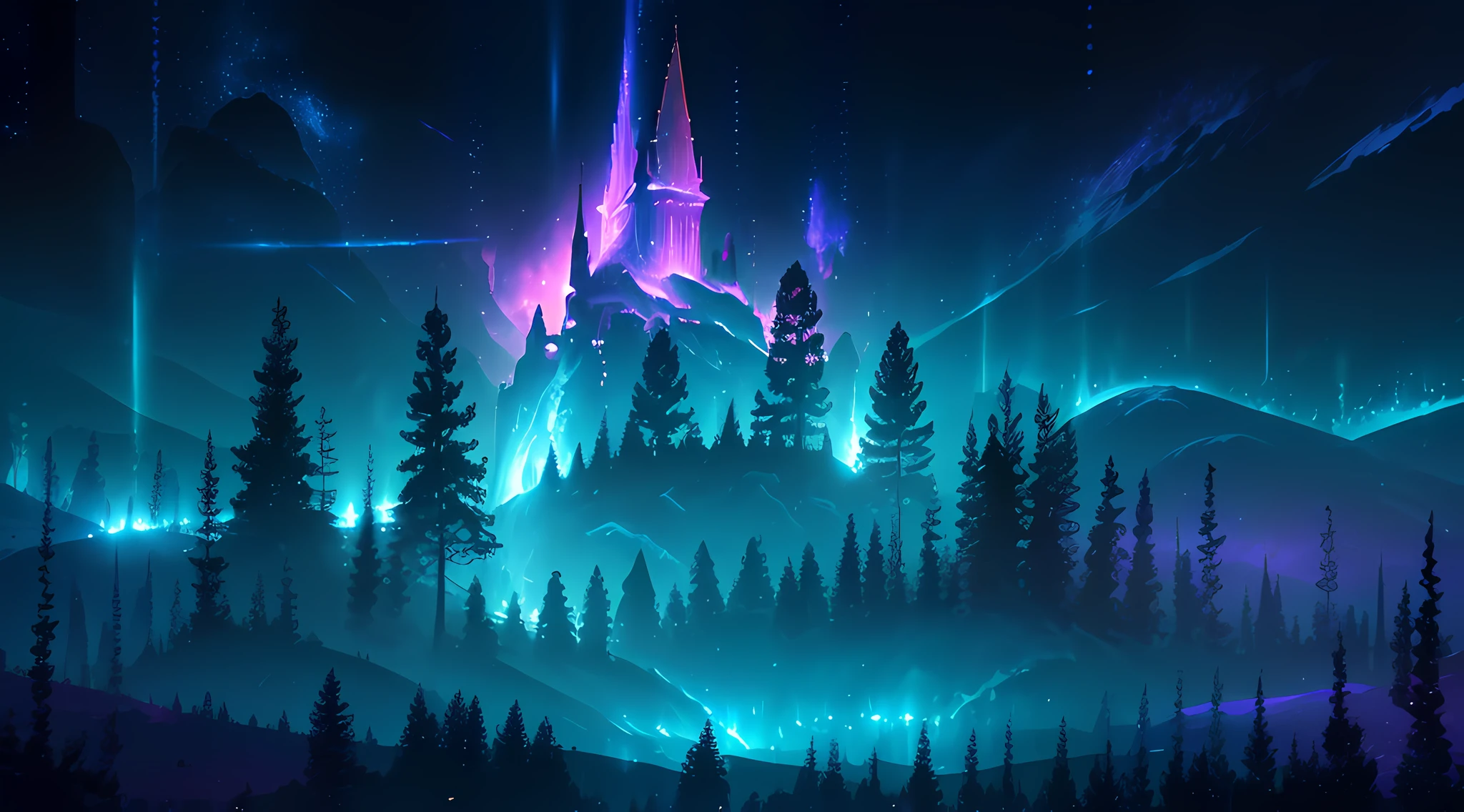 (deep in the night, deep in the night, deep in the night) I see a beautiful, detailed 8k artwork with a sugary pink crystal castle, sparkling gold, and a fairytale landscape against a magical night sky.8k,((huge full city)),(space city),(nothern lights,detailed),((high quality))
