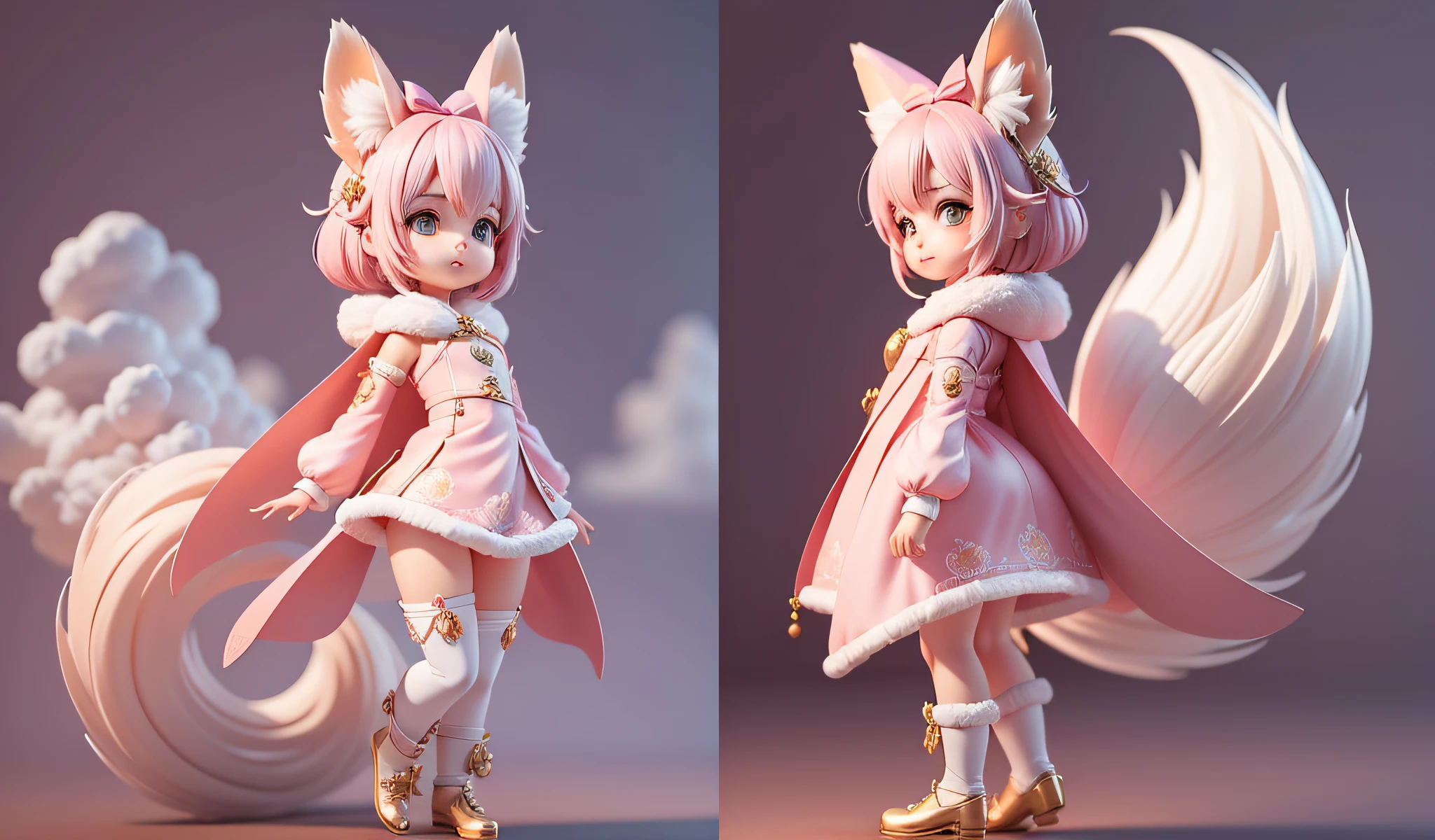 The three views are drawn, and the three views of energy are the front view. Side and back view, full body:: 1.5, Octaneendering, zbrush, anthropomorphic, bubble mart style, super cute pink fairy Chinese fox, cute girl, fox, wearing an elegant cape, sweet smile, white fur, bright big eyes and fluffy tail, clouds floating gently, extremely detailed 3D animation, super realistic, super detailed, luxury movie lights, octave light, zbrush