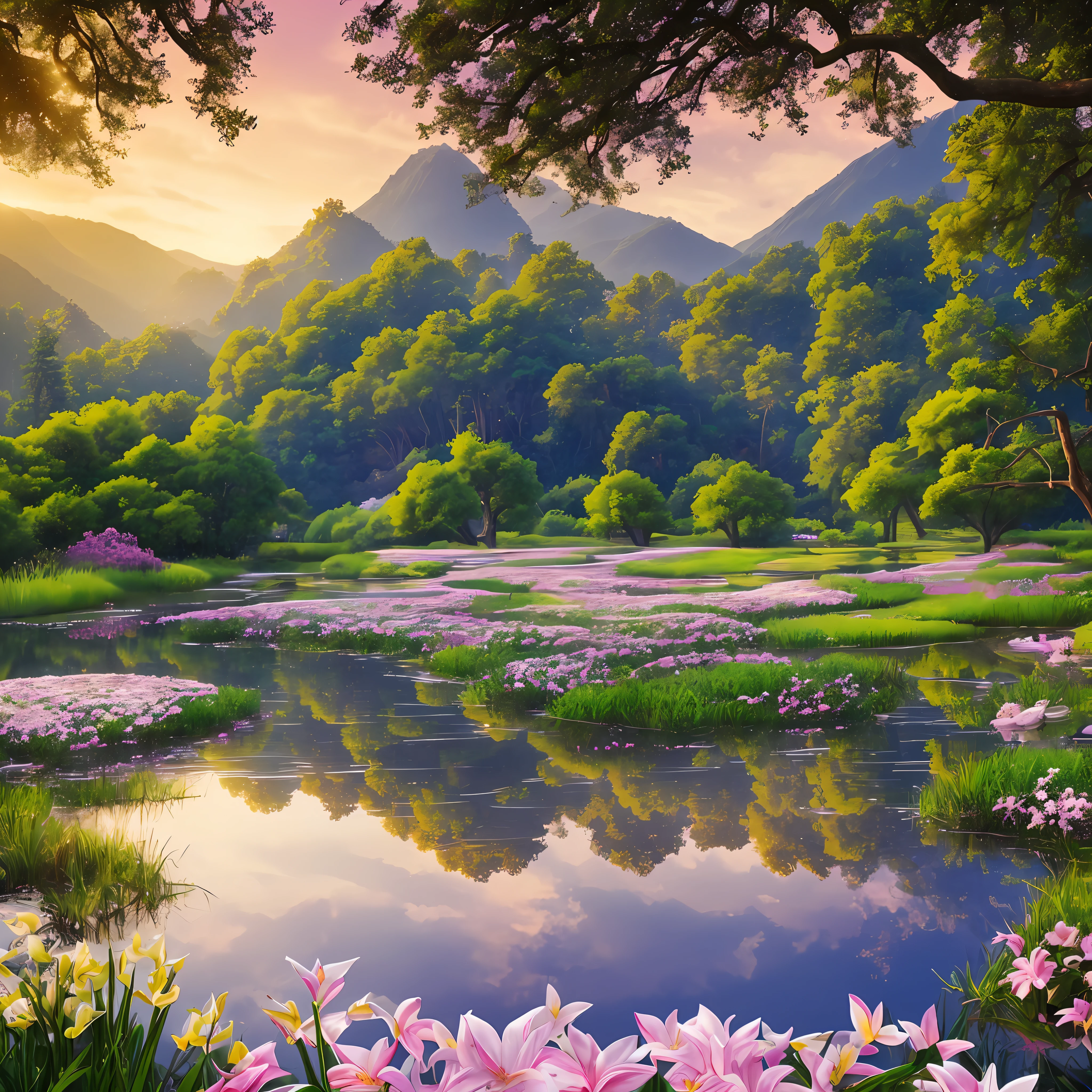 Best quality, masterpiece, 8k, In the center, a lush garden unfolds, revealing an idyllic scene representing the Garden of Eden. The exotic and lush vegetation intertwines in a tapestry of vivid and vibrant colors. The flowers bloom in a profusion of shades of pink, orange, yellow and purple, filling the air with a sweet and soft aroma. A soft golden light permeates the scene, creating an ethereal glow that envelops each element. Rays of sunshine pierce through the treetops, pouring in delicate patterns of light and shade on the ground covered in soft, verdant grass. A faint mist hangs in the air, conferring an atmosphere of serenity and mysticism. In the center of the garden, a large, majestic oak tree rises, with sturdy branches and dense foliage. Its welcoming shade is home to a variety of creatures: colorful birds, dancing butterflies and small animals that coexist in harmony. This diversity of life represents the abundance and interconnectedness of all forms of life in paradise. In a crystal clear lake, surrounded by white lilies, a pair of swans glides gracefully, personifying purity and grace. Small streams wind through the garden, offering crystal clear water that reflects the beauty that surrounds it. On the horizon, majestic mountains rise, their high ridges adorned with gleaming snow, while a pure blue sky stretches above, filled with soft white clouds. --auto --s2
