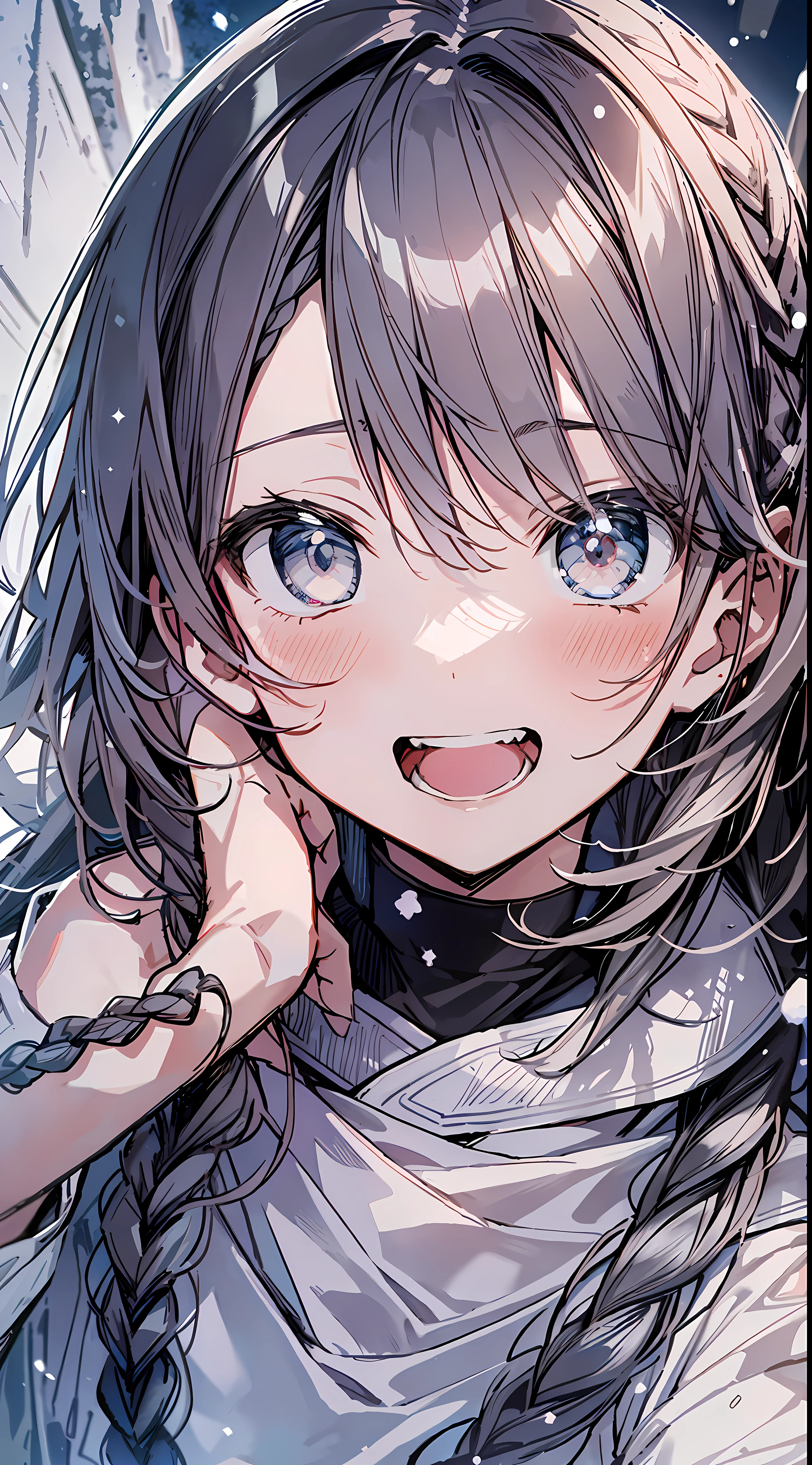 Best Quality, Best Masterpiece, Ultra High Definition, 8k, ((Winter Clothes)), Shojo Manga Style Loli, Single, Soft Line Art, Digital Enhancement, Shojo Manga Touch, Shojo Manga Core, Flowing Fabric, Close Up, ((Hair length to shoulder and short braid)), staring at us from the front, soft drawing, Beautiful black hair, Clear eyes, grin, teeth, wide mouth, ultra-detailed digital anime art, clear face depiction, ultra-detailed shoujo manga character art, ultra-detailed manga style, top quality colors, hand gestures, foot-up angles, scenery with nature