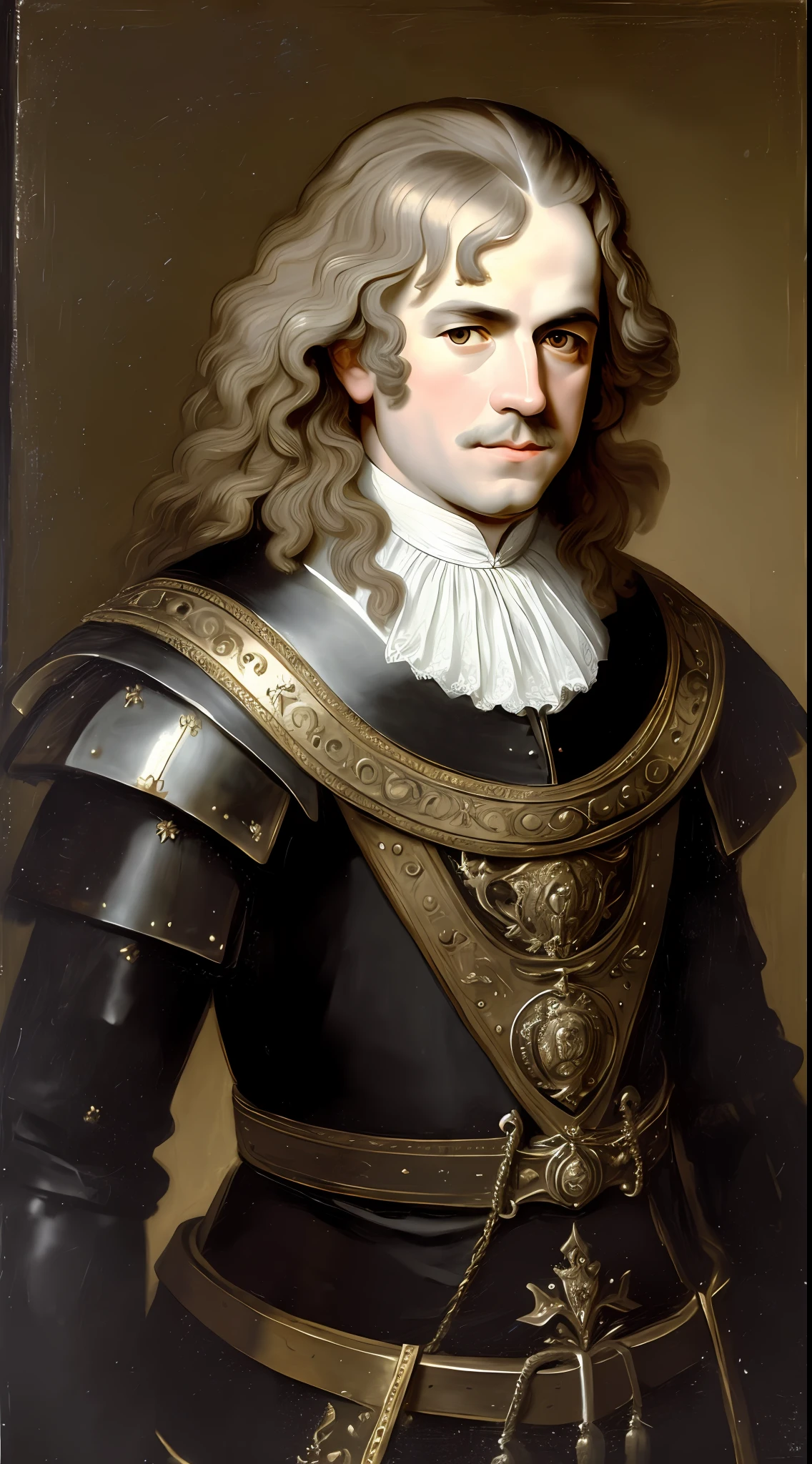 by Govert Flinck, portrait of 17th century English male aristocrat wearing black metal cuirass, posing, high resolution, masterpiece, detailed face, detailed body,HD,