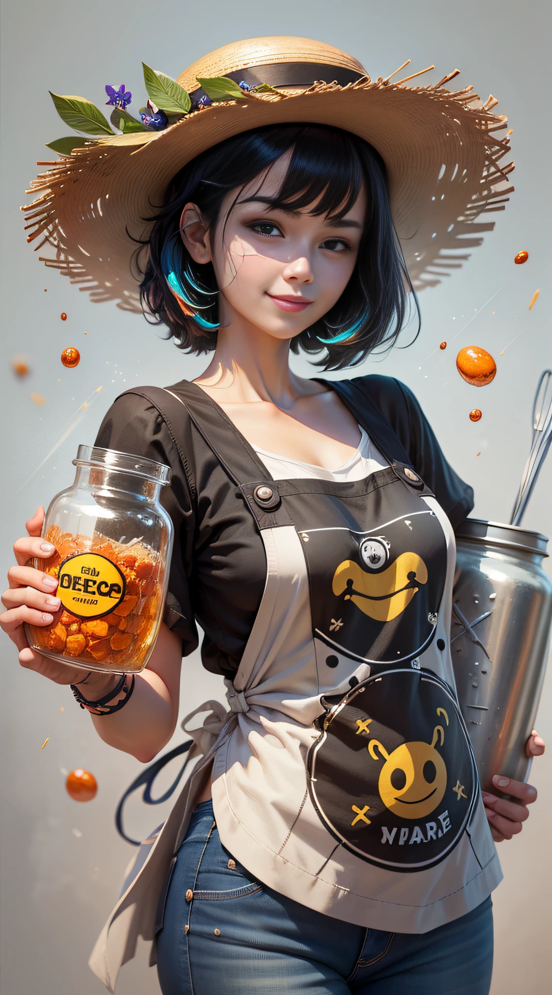 Best Quality, Realistic, Award-Winning Illustrations, (Tricky Details: 1.2), (Fine Details), (Tricky Details), (Cinematic Lighting, Best Quality), Sharp Lines, Sharp Focus, Official Artwork, 16k, Beautiful Woman with a Smiley Face in Straw Hat, June Party, White Graffiti Splash Background, A Beautiful Young Chef in Black Apron with a Colorful Shirt with June Party Colors Printed on It, Wearing Jeans, Medium Black Hair, Holding a large jar of delicious candy, butterscotch splash, character design by George Lucas style, white background. --auto --s2