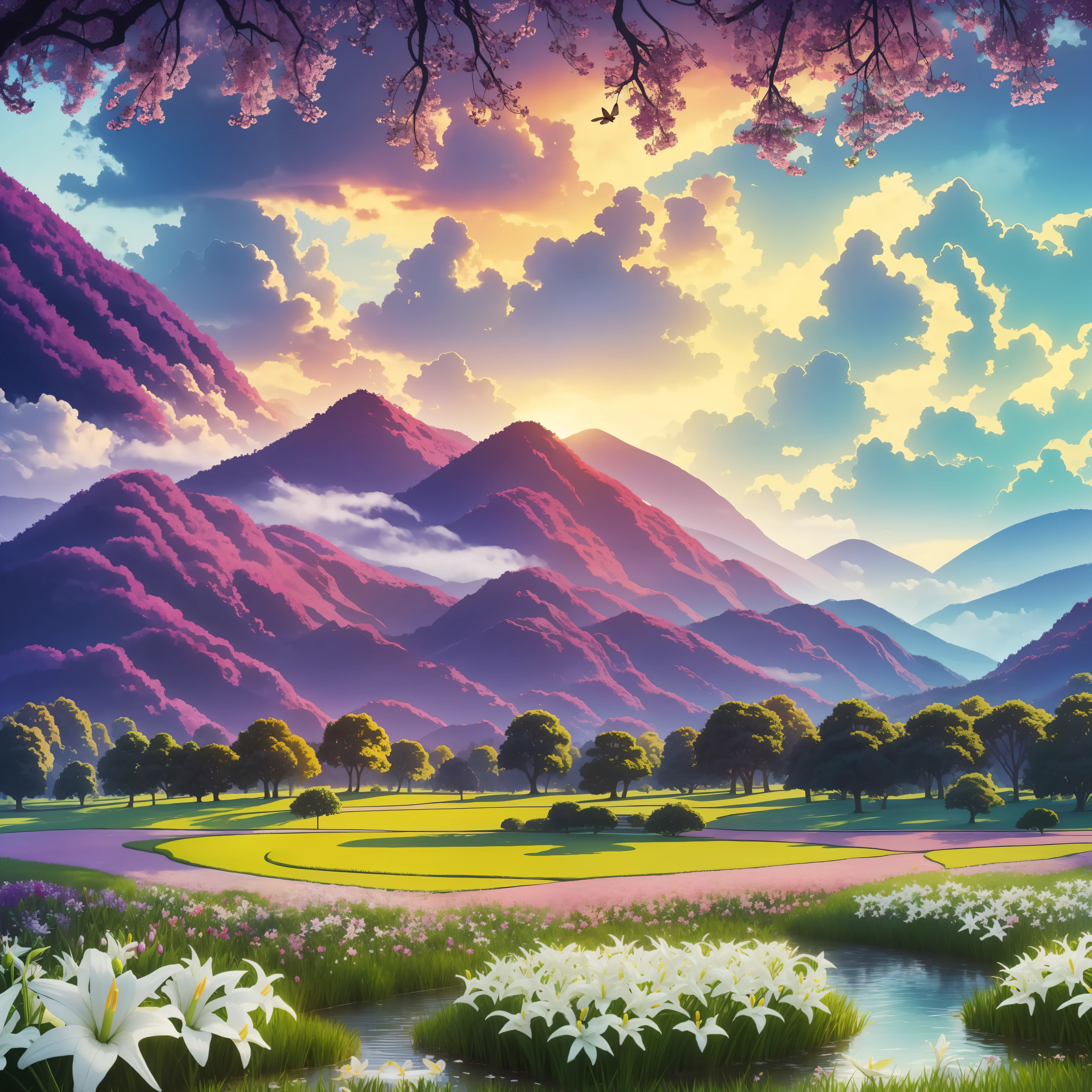 Best quality, masterpiece, 8k, In the center, a lush garden unfolds, revealing an idyllic scene representing the Garden of Eden. The exotic and lush vegetation intertwines in a tapestry of vivid and vibrant colors. The flowers bloom in a profusion of shades of pink, orange, yellow and purple, filling the air with a sweet and soft aroma. A soft golden light permeates the scene, creating an ethereal glow that envelops each element. Rays of sunshine pierce through the treetops, pouring in delicate patterns of light and shade on the ground covered in soft, verdant grass. A faint mist hangs in the air, conferring an atmosphere of serenity and mysticism. In the center of the garden, a large, majestic oak tree rises, with sturdy branches and dense foliage. Its welcoming shade is home to a variety of creatures: colorful birds, dancing butterflies and small animals that coexist in harmony. This diversity of life represents the abundance and interconnectedness of all forms of life in paradise. In a crystal clear lake, surrounded by white lilies, a pair of swans glides gracefully, personifying purity and grace. Small streams wind through the garden, offering crystal clear water that reflects the beauty that surrounds it. On the horizon, majestic mountains rise, their high ridges adorned with gleaming snow, while a pure blue sky stretches above, filled with soft white clouds.