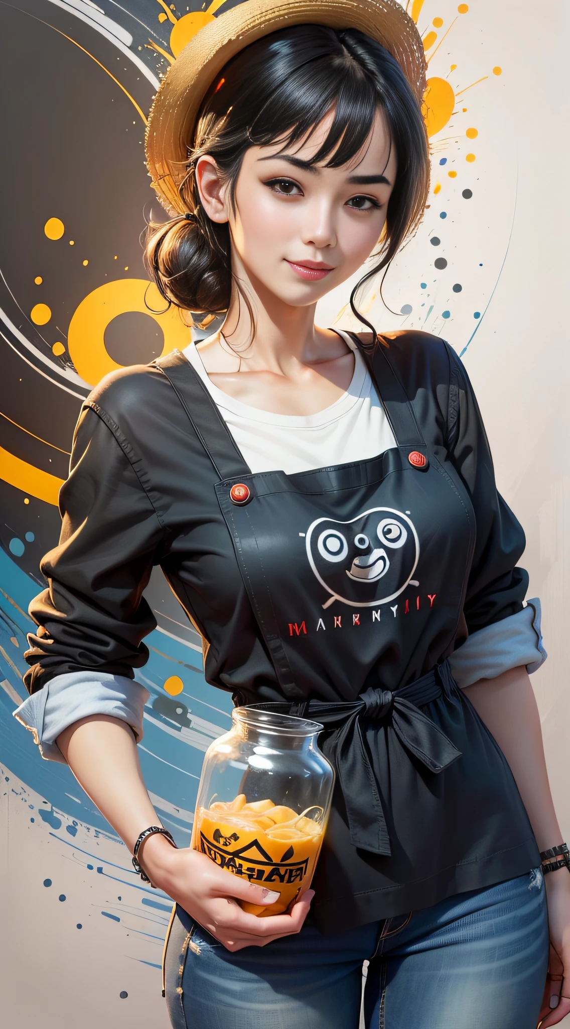 Best Quality, Realistic, Award-Winning Illustrations, (Tricky Details: 1.2), (Fine Details), (Tricky Details), (Cinematic Lighting, Best Quality), Sharp Lines, Sharp Focus, Official Artwork, 16k, Beautiful Woman with a Smiley Face in Straw Hat, June Party, White Graffiti Splash Background, A Beautiful Young Chef in Black Apron with a Colorful Shirt with June Party Colors Printed on It, Wearing Jeans, Medium Black Hair, Holding a large jar of delicious candy, butterscotch splash, character design by George Lucas style, white background. --auto --s2