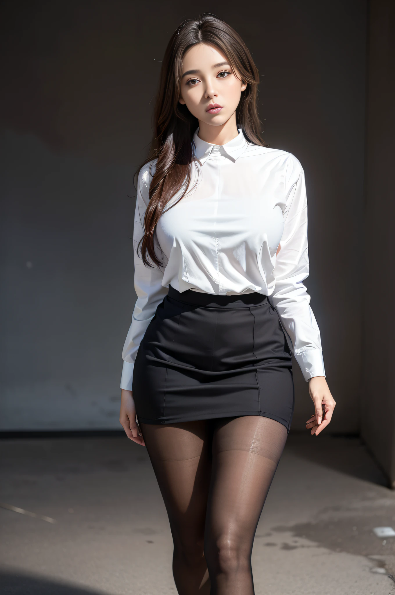 Ultra Realistic 8k cg, perfect picture, flawless, clean, masterpiece, professional artwork, famous artwork, perfect face, beautiful face, beautiful eyes, ((perfect female body))1girl, (8k, raw photo, best quality, masterpiece: 1.2), (realistic, photo-realistic:1.37), solo, ultra-detailed, translucent pantyhose, nice background,,shirt,( skirt)), ultra-wide angle, thick thighs, textured pantyhose that glow, full body photo, looking up between legs,