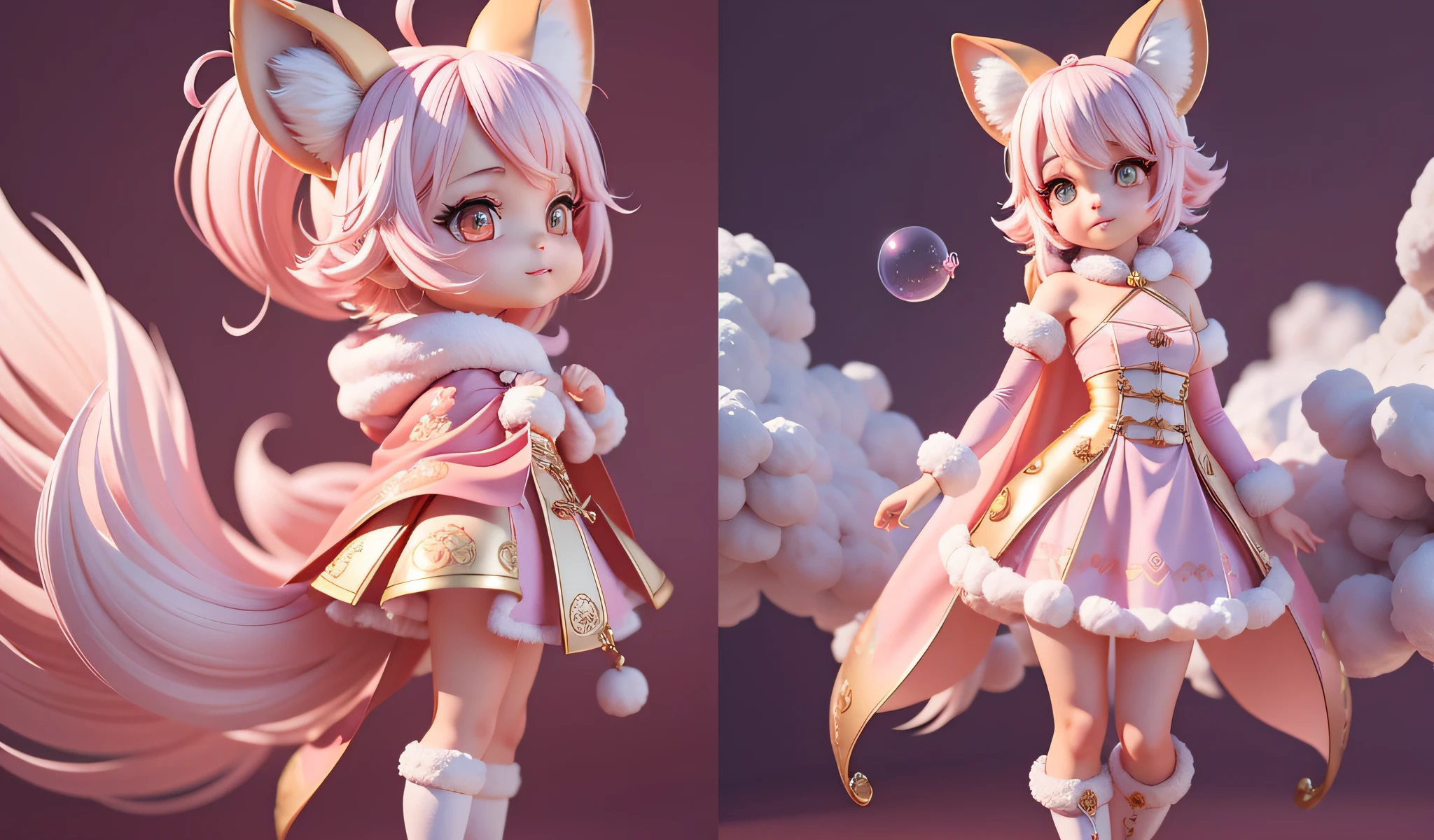 The three views are drawn, and the three views of energy are the front view. Side and back view, full body:: 1.5, Octaneendering, zbrush, anthropomorphic, bubble mart style, super cute pink fairy Chinese fox, cute little girl, fox, wearing an elegant cape, sweet smile, white fur, bright big eyes and fluffy tail, clouds floating gently, extremely detailed 3D animation, super realistic, super detailed, luxury movie lights, octave light, zbrush