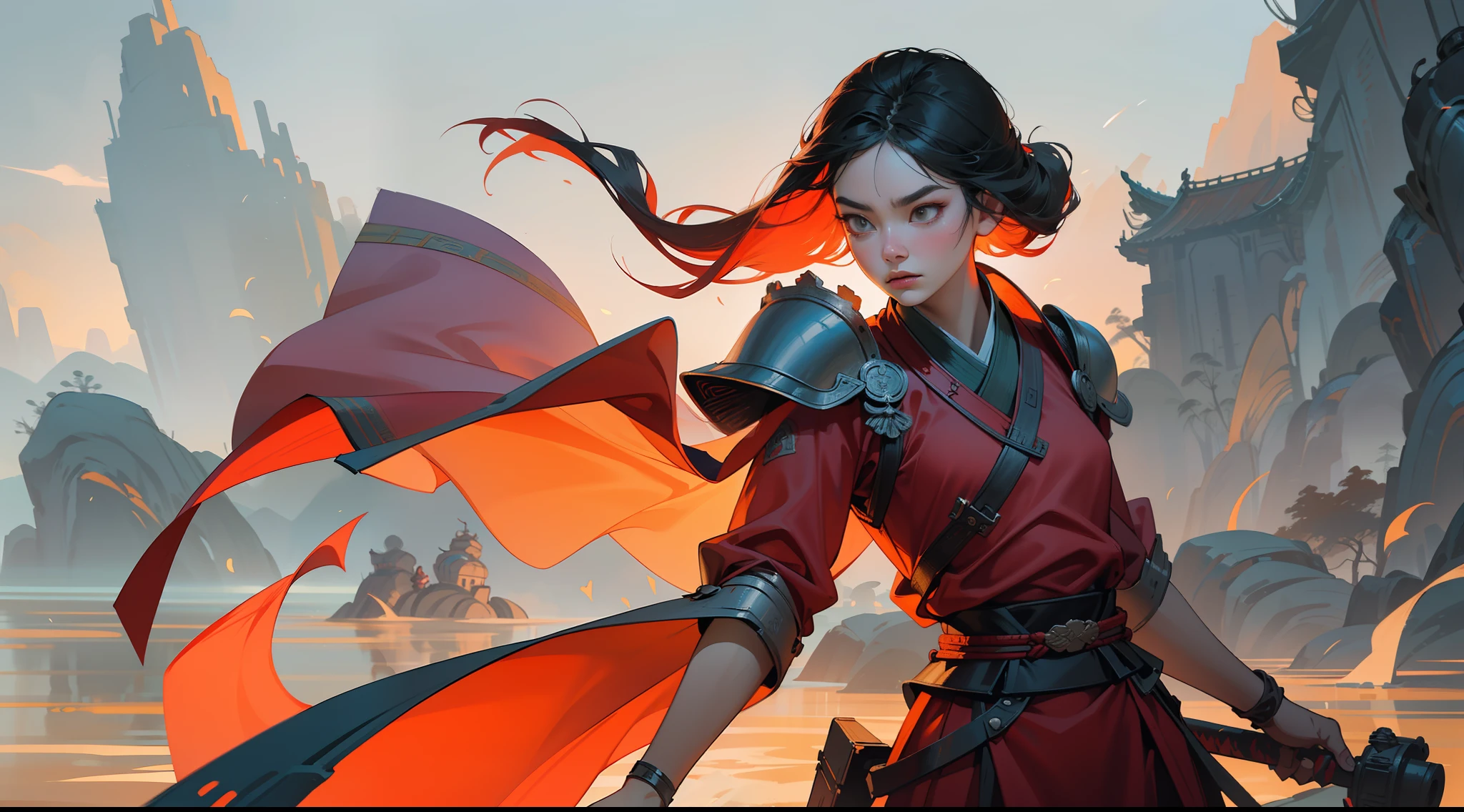 chinoiserie,Ancient battlefields,A female general、A full body,Clear facial features,Angry expressions,Amazing facial features,Red robes,ARMOUR,Mulan,Sword in hand,The background is a battlefield with yellow sand flying,Fleeing crowds,firelight,Game model,C4D, OCrenderer, edge light,The light is delicate,masterpieces,hyperdetailed,epic composition,Super HD,Quality,Max Quality,32k