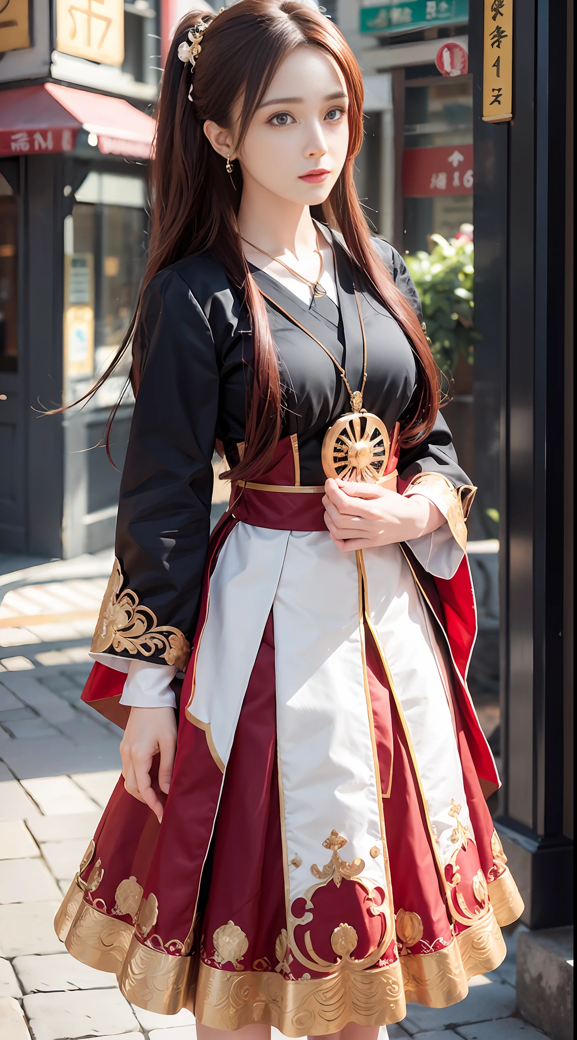 1girl, sweet girl, prince, Japanese uniform, natural, elegant, cute, (Perfect Big Eyes: 1.2), Long Red Hair, Perfect Nose, Small, Holding a Book, Extreme Hand Details, Cute, Necklace, Earrings, RAW, 16k, (Masterpiece: 1.5), Best Quality, Intricate Detail, Ultra High Resolution, Very Detailed, Wallpaper, Unreal Engine 5, Ray Tracing, Artstation Extreme Art Detail, Dynamic Lighting, Very Detailed, (Realistic: 1.5), Sharpen, Depth of Field, Complex 3D Rendering, Ultra Detail, Octane Rendering, Full Facial Features, Full Body, Full Body Shot