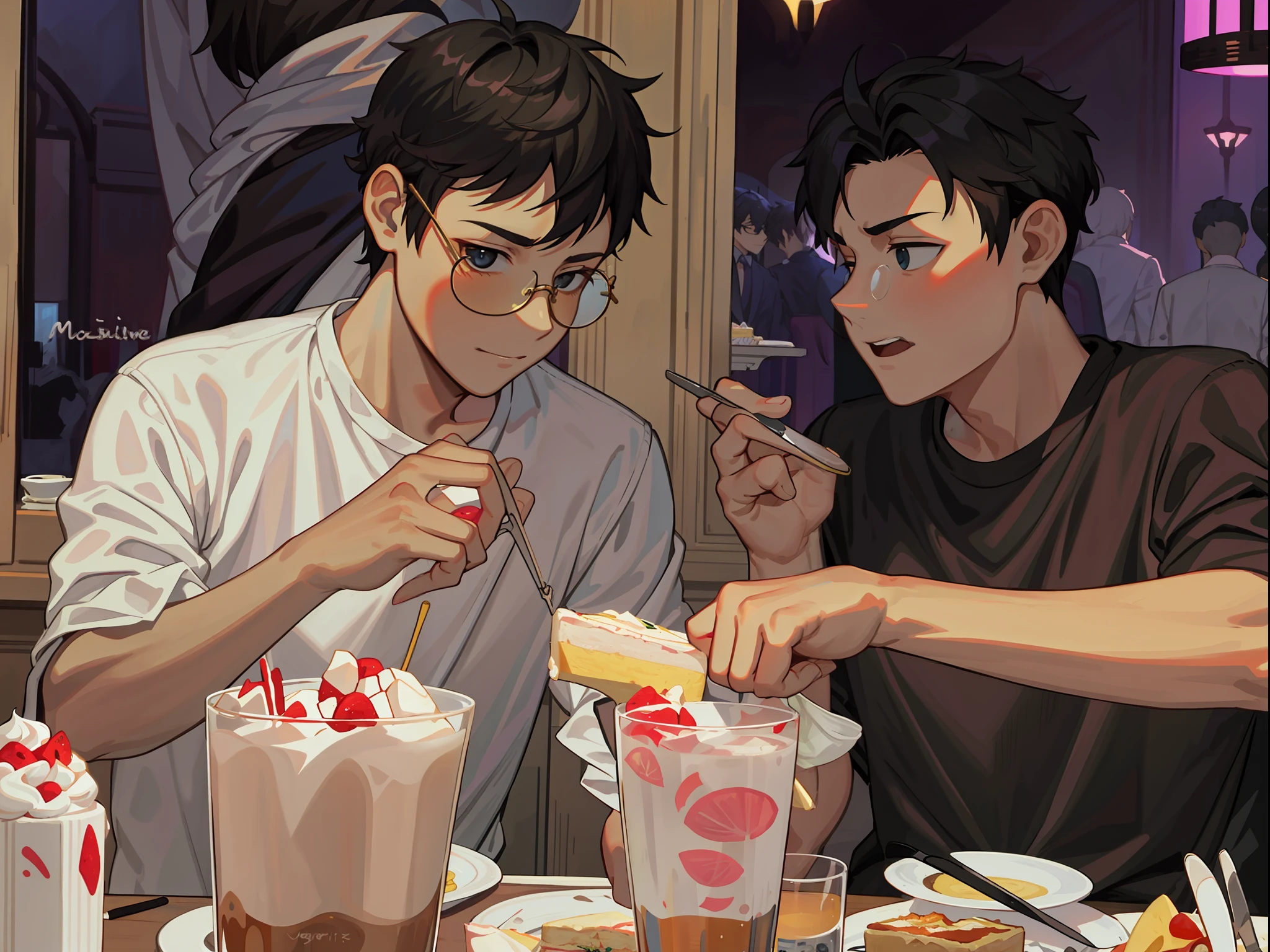 {{masteripe}} Extreme illustration 1 The male prince has elegant short hair and black hair cute close-up glasses, two men sitting at a table eating cake, black clothes take pictures with mobile phones, white clothes wear black glasses frames