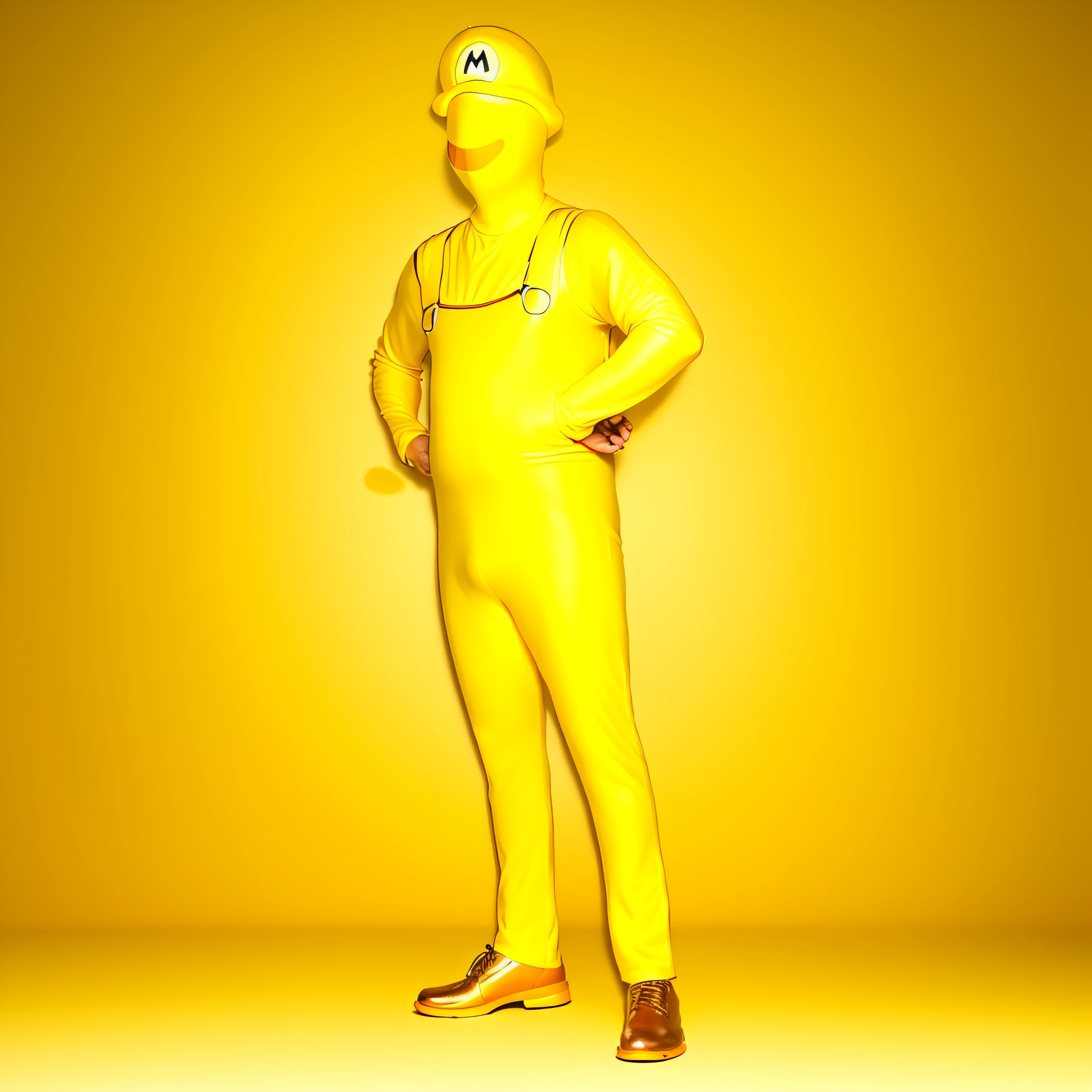 Man in yellow bodysuit, yellow body, zentai suit, full bodysuit, skin tight suit, lycra costume, tight full body suit, yellow skin, yellow jumpsuit, yellow bodysuit, mustache, yellow hat, overalls