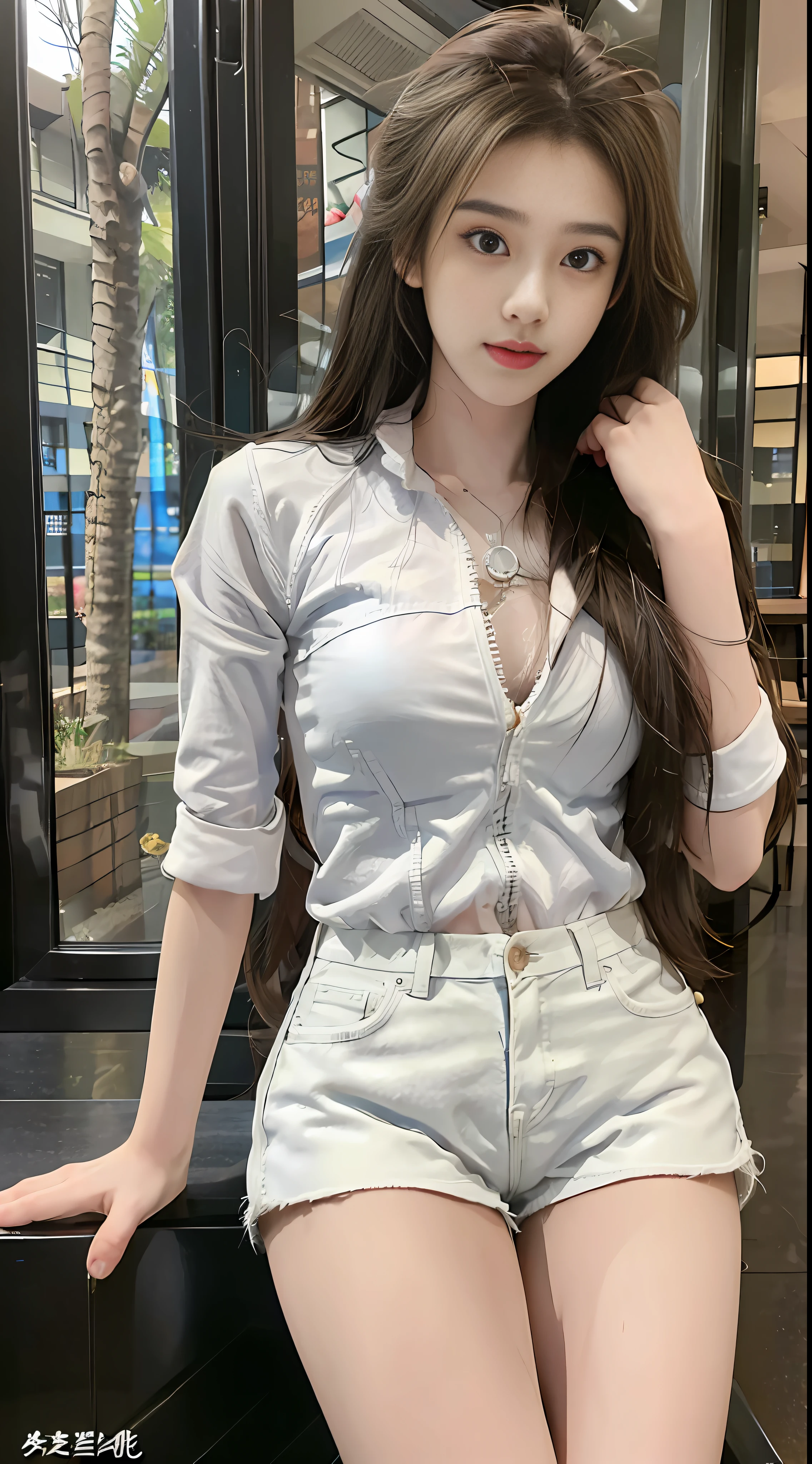 realistic, high resolution, 1 girl, long hair, Korean,, loose white shirt, skinny denim shorts,, delicate thighs,