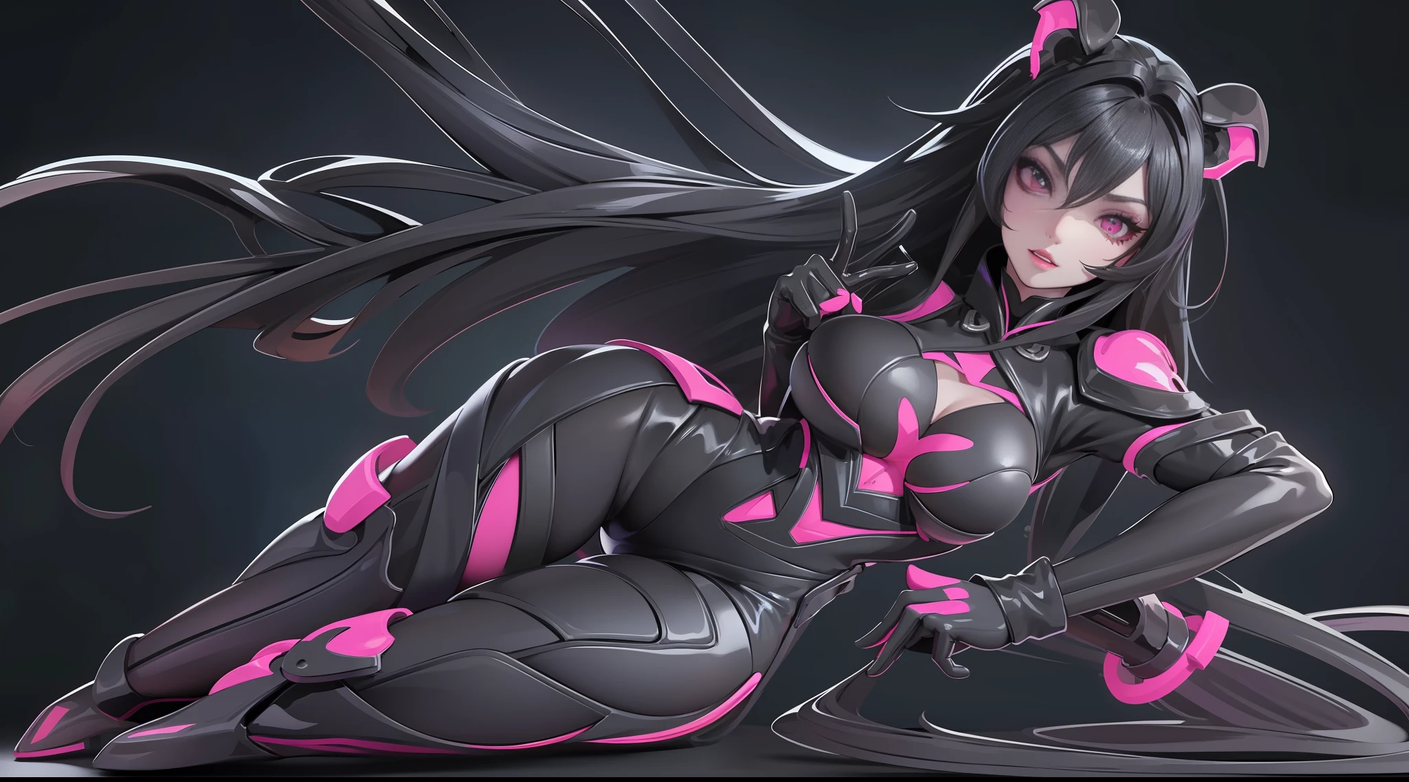 full body picture Unreal Engine 5 8K UHD, beautiful girl, black hair, wearing tight latex catsuit with gothic black short dress with lace, top harness, corset, magenta eyes, dark makeup, seductive moods, detailed face, best quality, masterpiece
