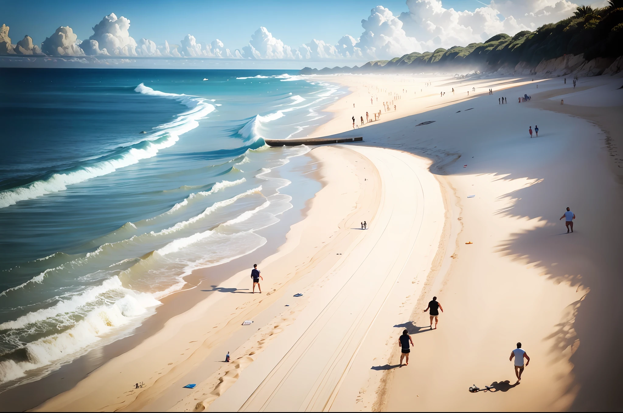 Several men playing soccer on the beach