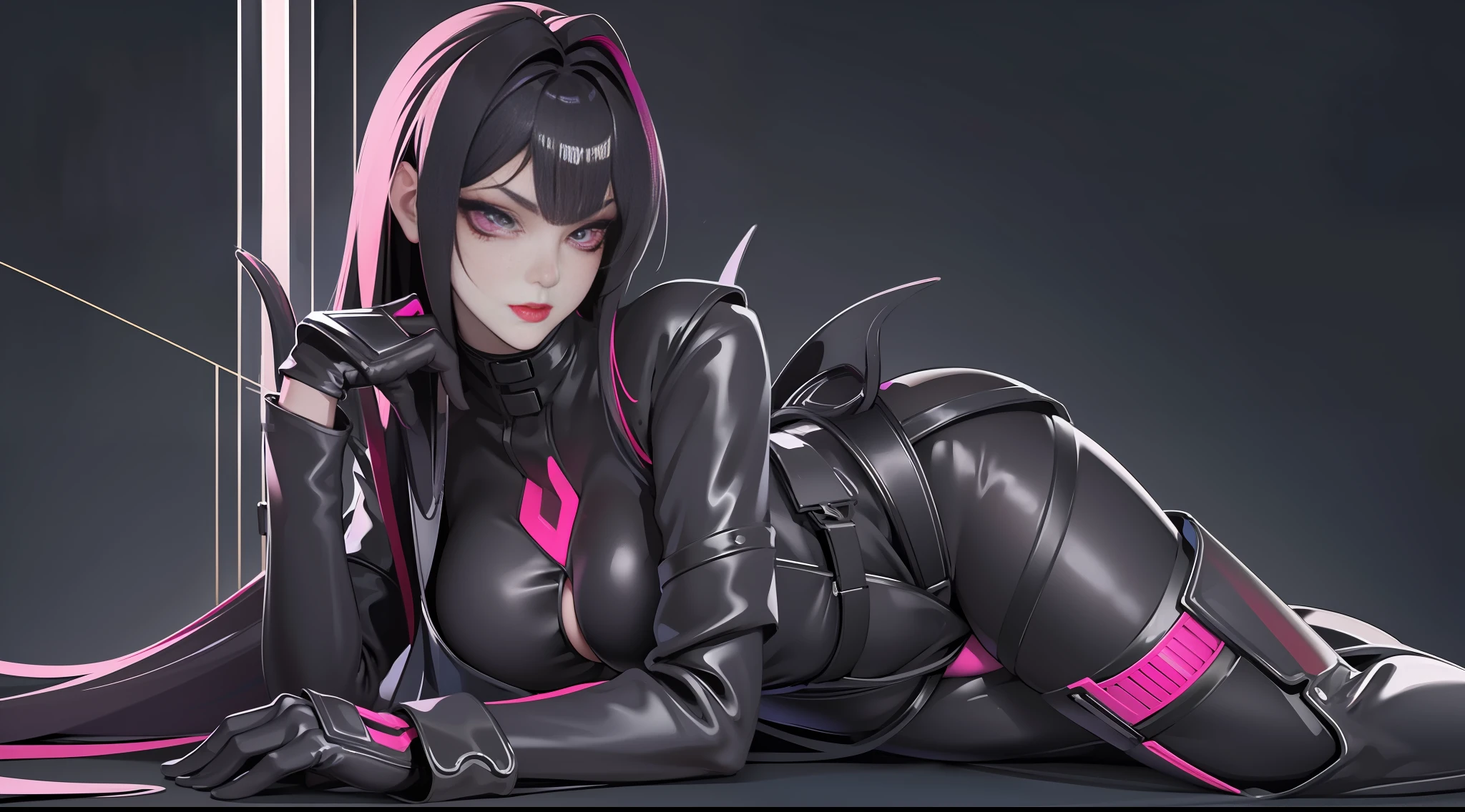full body picture Unreal Engine 5 8K UHD, beautiful girl, black hair, wearing tight latex catsuit with gothic black short dress with lace, top harness, corset, magenta eyes, dark makeup, seductive moods, detailed face, best quality, masterpiece