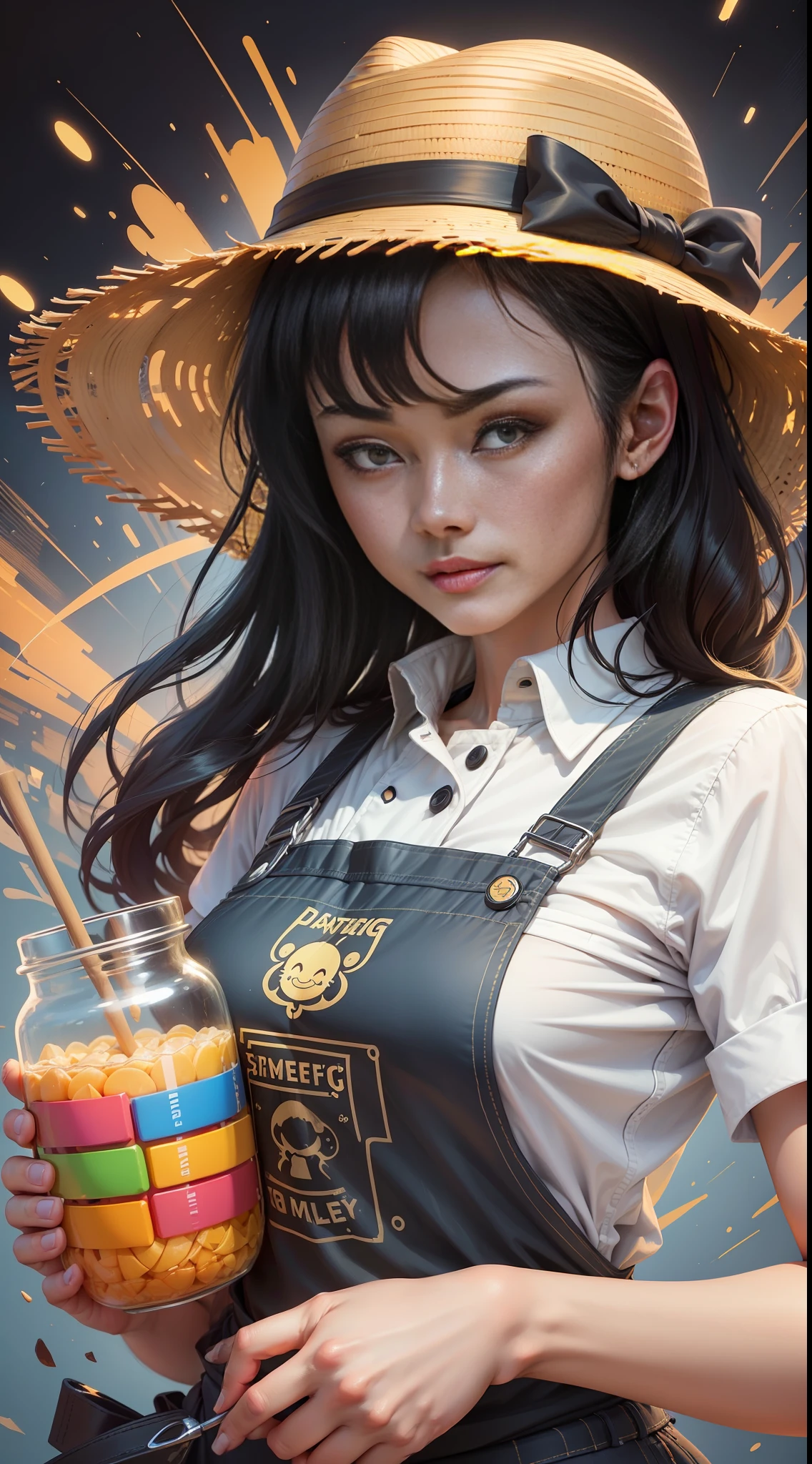Best Quality, Realistic, Award-Winning Illustrations, (Tricky Details: 1.2), (Fine Details), (Tricky Details), (Cinematic Lighting, Best Quality), Sharp Lines, Sharp Focus, Official Artwork, 16k, Beautiful Woman with a Smiley Face in Straw Hat, June Party, White Graffiti Splash Background, A Beautiful Young Chef in Black Apron with a Colorful Shirt with June Party Colors Printed on It, Wearing Jeans, Medium Black Hair, Holding a large jar of delicious candy, butterscotch splash, character design by George Lucas style, white background. --auto --s2