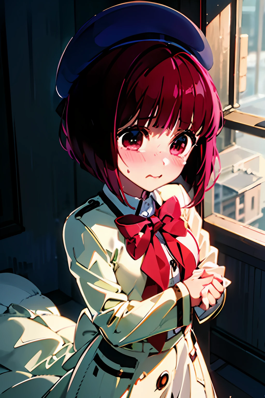 masterpiece, high quality, 8K, beautiful lighting, kanarima, arimacana, uniform, beret, white coat, crying, crying, loli, 5 years old, tearful, looking from above
