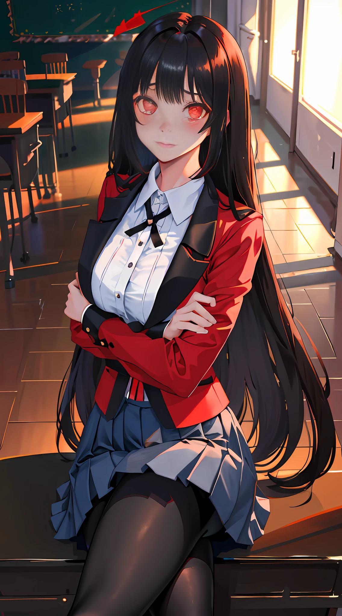 masterpiece, best quality, high resolution, hmjy1, long hair, blunt bangs, school uniform, red jacket, black pantyhose, white shirt, black ribbon, pleated skirt, long sleeves, denim lens, red glowing eyes, blushing, sick, classroom, dark background, crossed legs,
