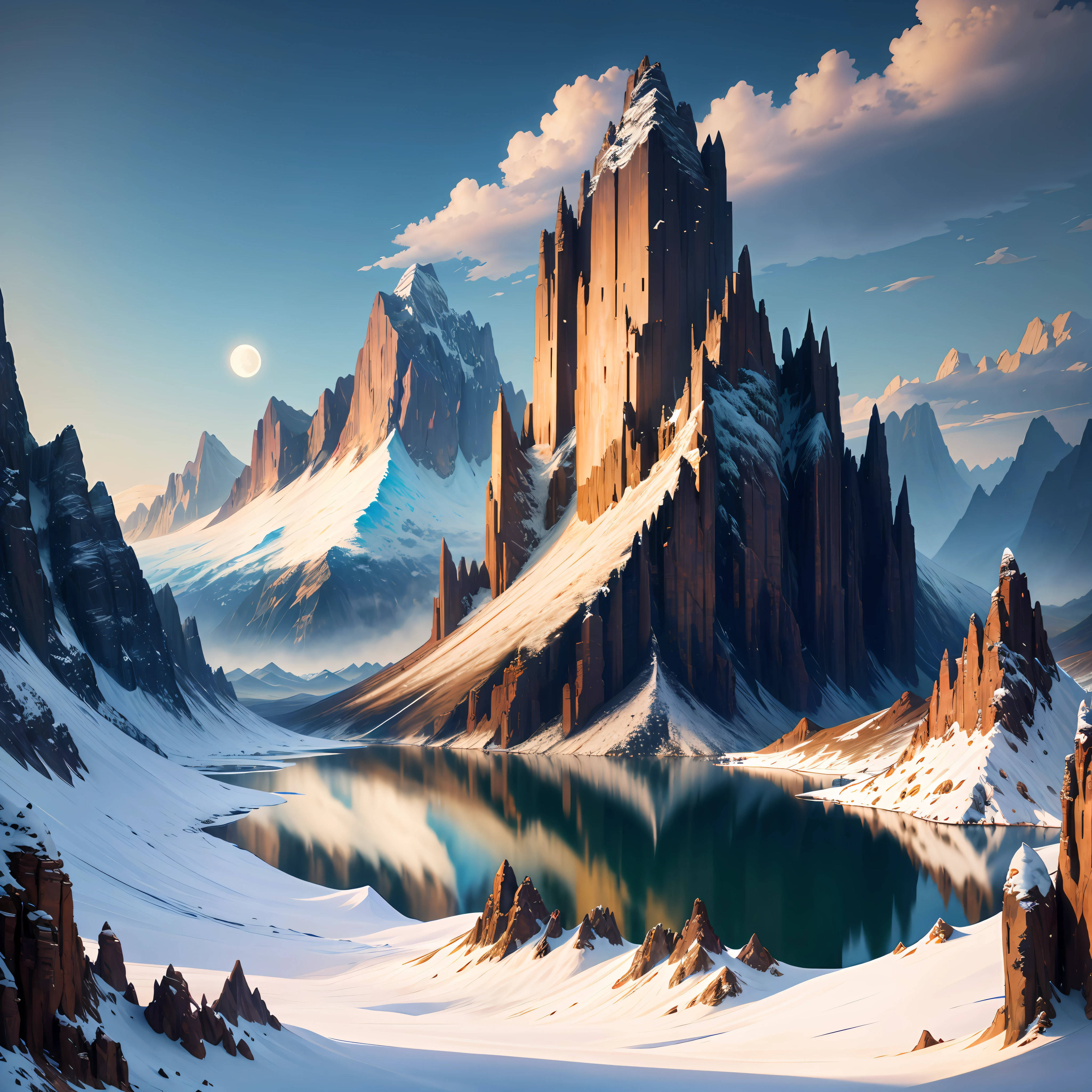 mountains and a lake with a moon in the sky, 4k highly detailed digital art, 4 k hd wallpaper very detailed, impressive fantasy landscape, sci-fi fantasy desktop wallpaper, unreal engine 4k wallpaper, 4k detailed digital art, sci-fi fantasy wallpaper, epic dreamlike fantasy landscape, 4k hd matte digital painting, 8k stunning artwork