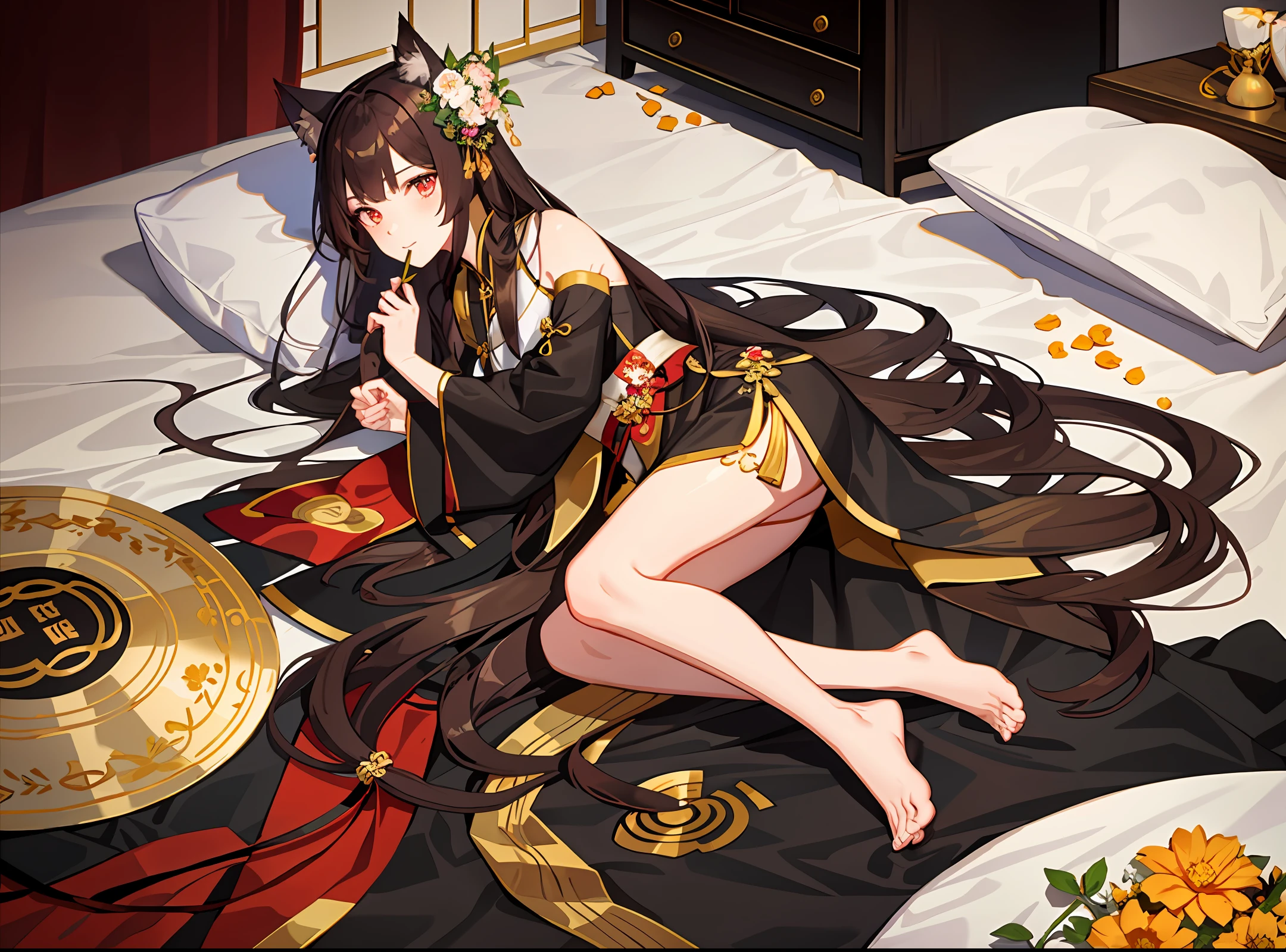 Long brown hair, royal sister, black Hanfu, cat ears, flowers on the other side
