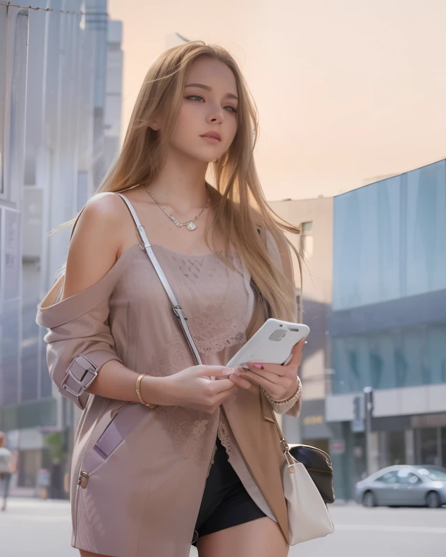 An 18 year old blonde beauty walking on the city street with a computer bag in her hand, a ray of sunlight shining on her delicate side face, wearing a light fashion fashion suit, wearing a fashion smart watch in her hand, photos are realistic, detailed, HD, best quality, high resolution