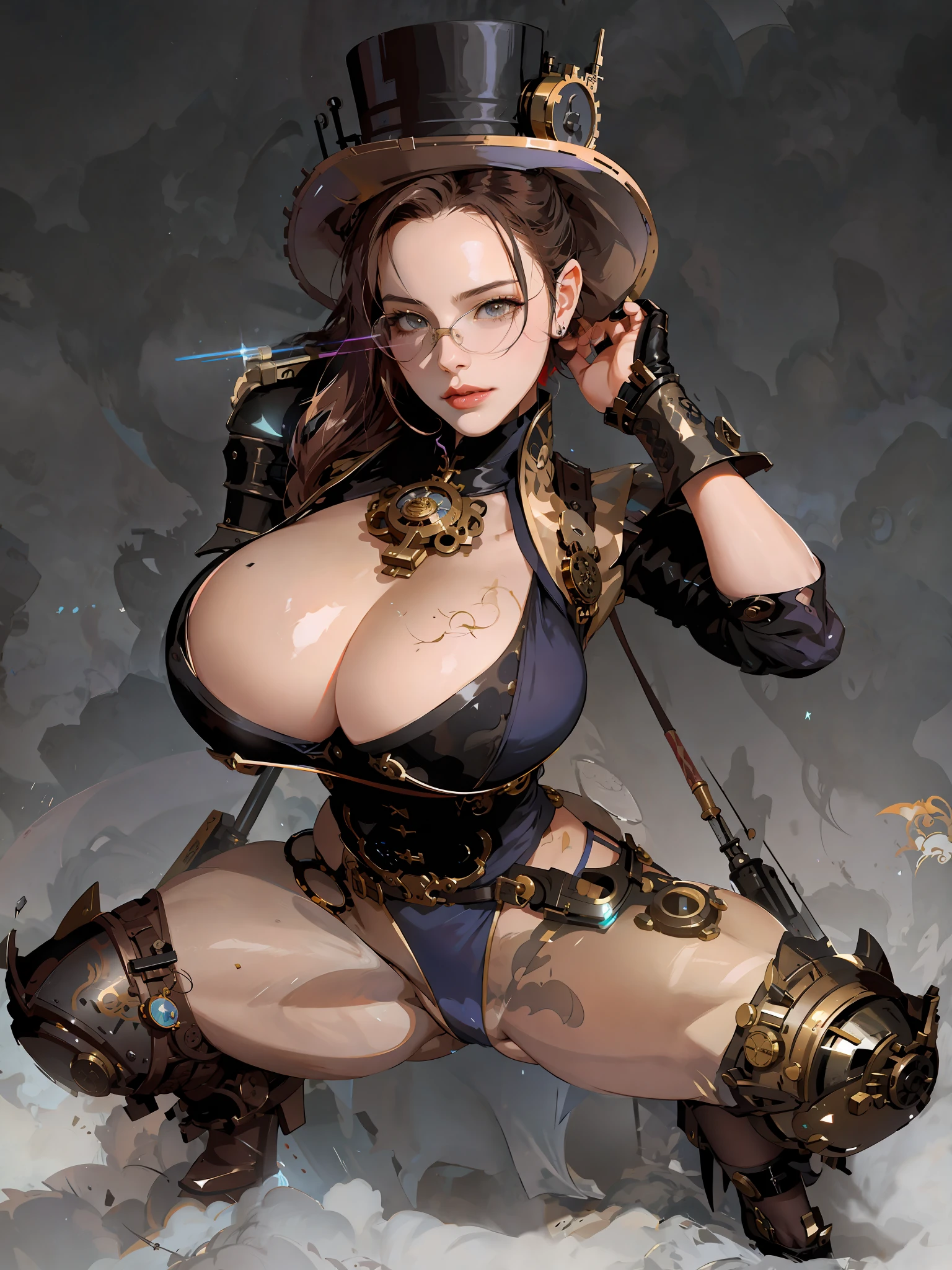 there is a woman in a top hat and gloves kneeling on the ground, by Yang J, steampunk beautiful anime woman, fanart best artstation, like lady mechanika, mechanized soldier girl, extremely detailed artgerm, [ 4 k digital art ]!!, a steampunk beautiful goddess, kawacy, stunning character art, 2. 5 d cgi anime fantasy artwork