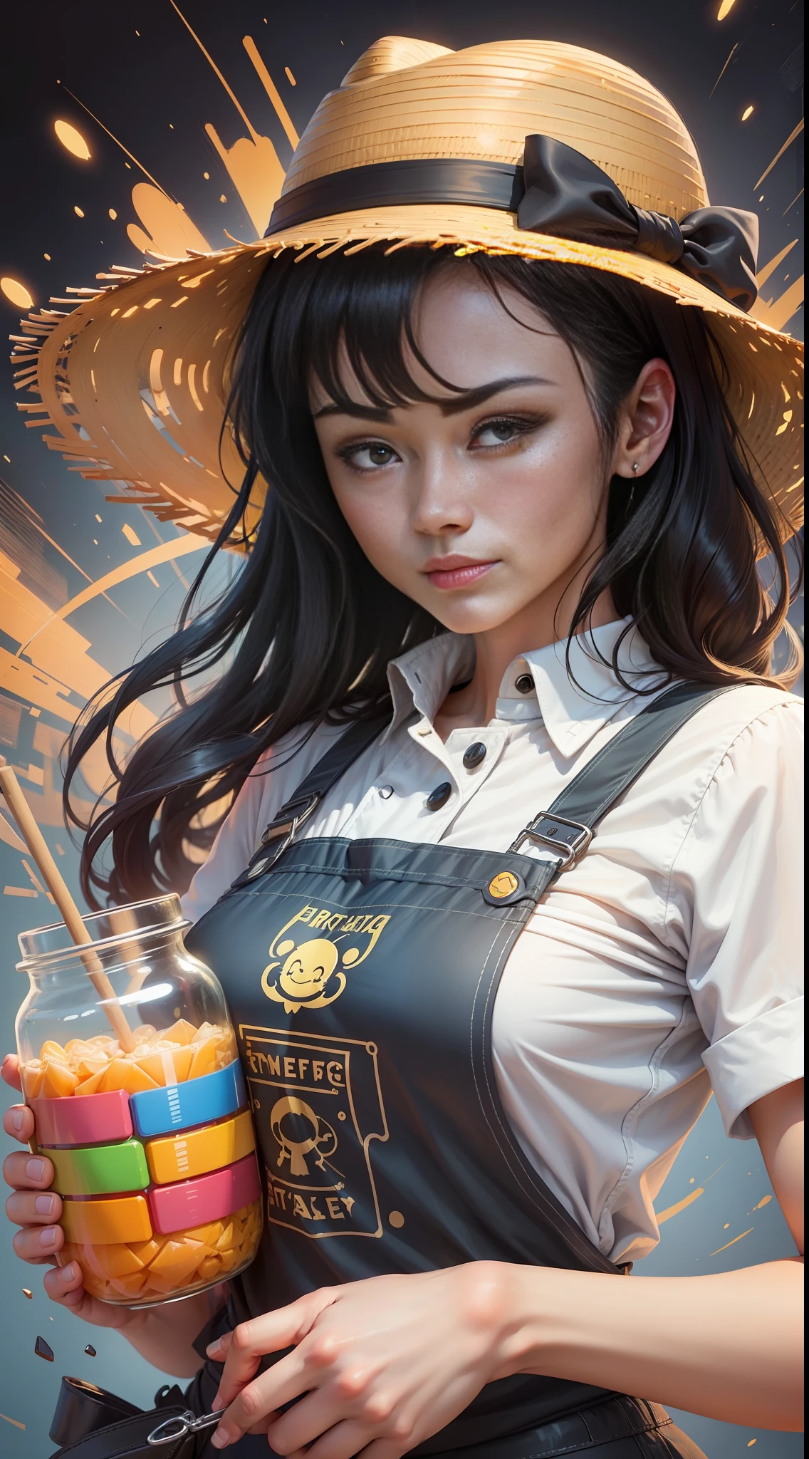 Best Quality, Realistic, Award-Winning Illustrations, (Tricky Details: 1.2), (Fine Details), (Tricky Details), (Cinematic Lighting, Best Quality), Sharp Lines, Sharp Focus, Official Artwork, 16k, Beautiful Woman with a Smiley Face in Straw Hat, June Party, White Graffiti Splash Background, A Beautiful Young Chef in Black Apron with a Colorful Shirt with June Party Colors Printed on It, Wearing Jeans, Medium Black Hair, Holding a large jar of delicious candy, butterscotch splash, character design by George Lucas style, white background. --auto --s2