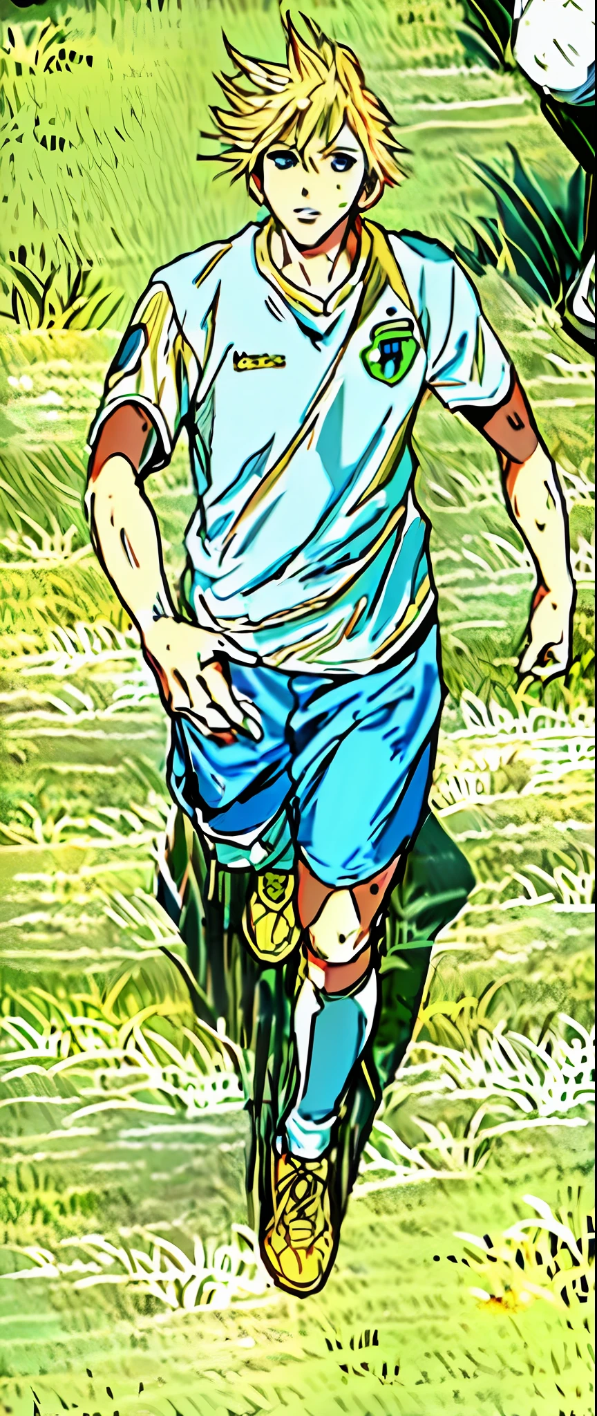 color manga, blonde hair, simple grass background, light blue white shirt, soccer