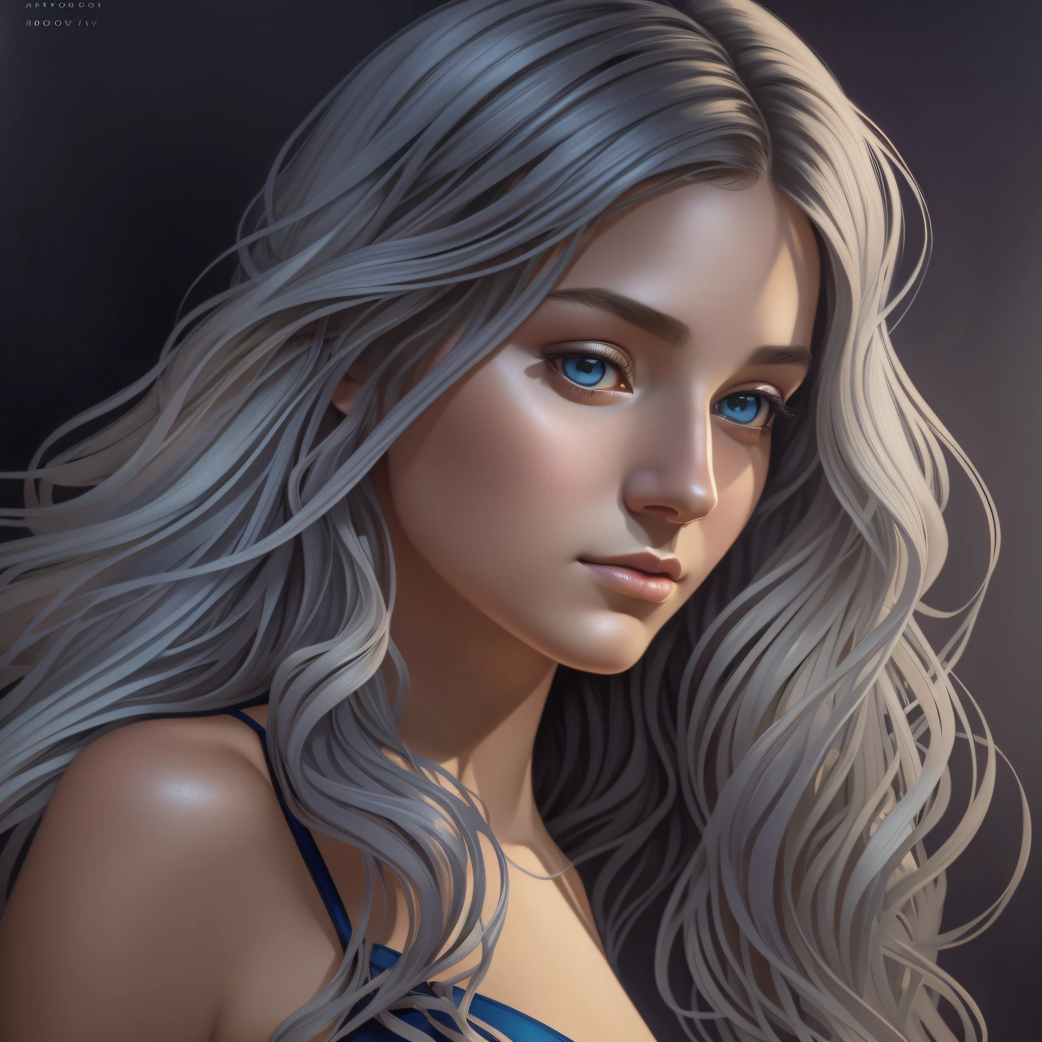 Surrealistic female portraits by David Hockney and Alphonse Mucha, fantasy art, photorealism, dynamic lighting, artstation, poster, volumetric lighting, very detailed faces, 4k, award-winning, 1girl, in the dark, deep shadows, low-key, swimsuit, (thong: 1.4), long hair, gray hair, --auto --s2