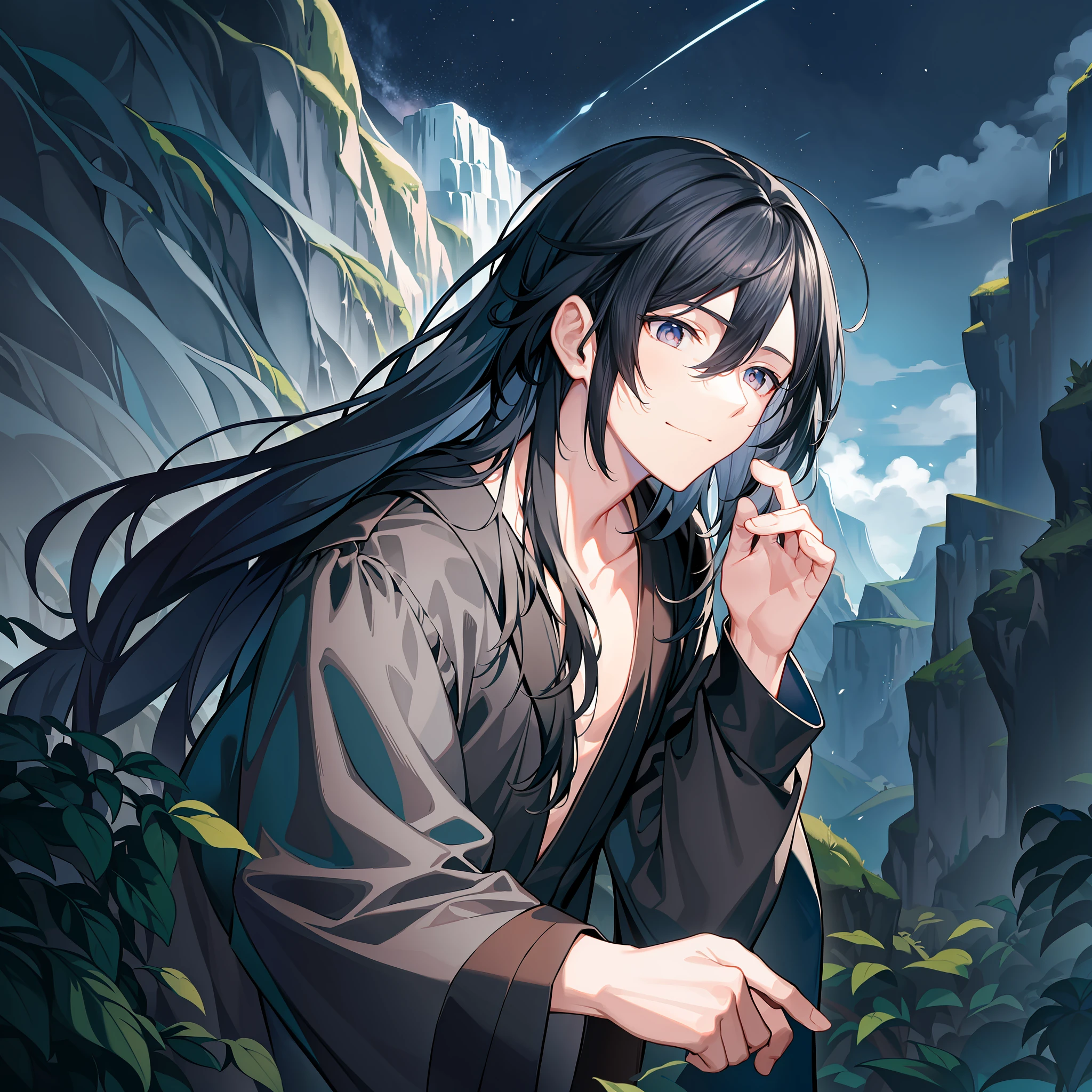 Inside this ancient cave, a black-haired Taoist priest sits quietly on a cliff between vegetation and trees, holding an iron flute in his hand, as if chanting some kind of ancient song.
This Taoist priest is old, but his figure is unusually tall, and his silent deep eyes seem to gaze at the boundless time and space, showing his calm and resolute character. He wore a black Taoist robe, fluttering in the wind, and carrying some mountain breath.
The whole picture gives people a sense of tranquility and peace, through which you can feel the pure beauty of the people of the mountains and wilderness that the Taoist priests have never been separated from. The painting adopts social gray as the main color, and integrates various natural elements such as cliffs, clouds, vegetation and gravel through the picture, portraying a deep and lifeish connotation.
This Taoist priest showed his grace and spirit, which caused endless reverie and respect for the eternal and mysterious profession of "Taoist". His age and long black hair convey a sense of wisdom and strength precipitated by experience and time, and the young man who feels gorgeous is also deeply affected by the ruthless and deep imprint of time.