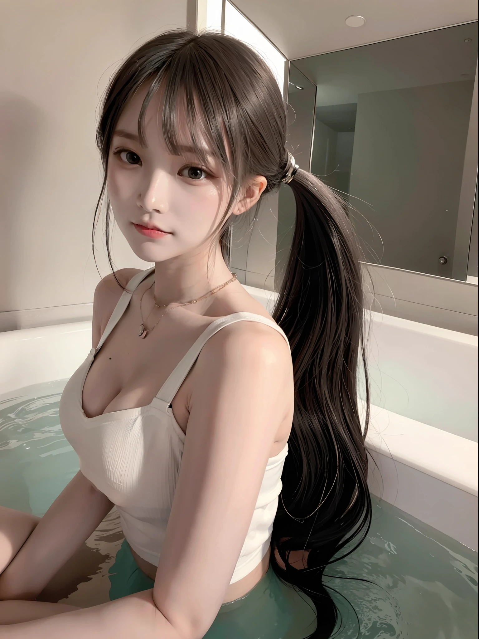 hansohee in crop top, necklace, hair bangs, sexy pose, bathtub, smiling
rim lighting, two tone lighting, dimly lit, low key,
analog style, hyper realistic lifelike texture dramatic lighting unrealengine trending on artstation,award winning photo,nikon RAW photo,8 k,Fujifilm XT3,masterpiece, best quality, realistic, photorealistic,ultra detailed,extremely detailed face,