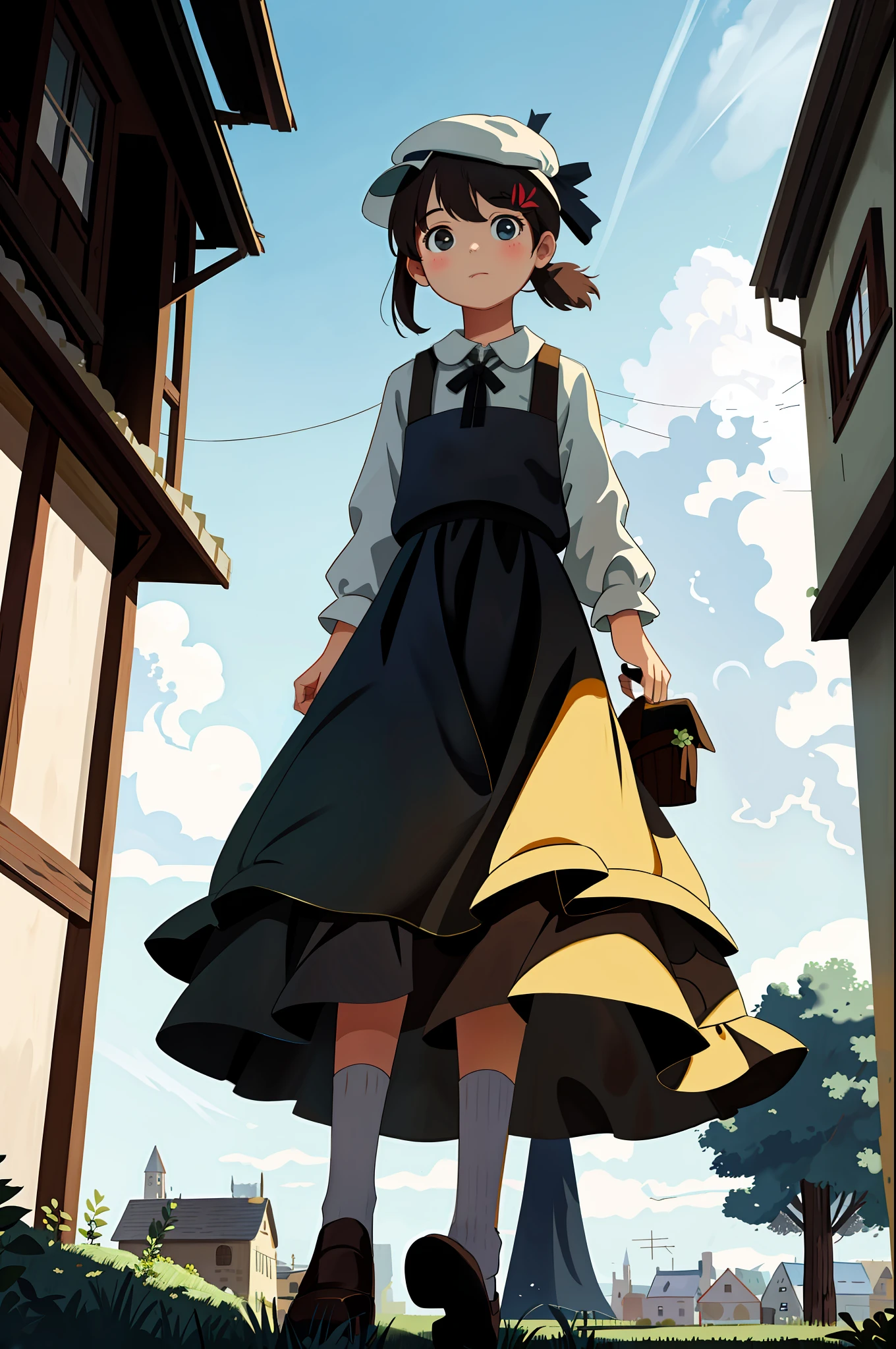 masterpiece, best quality, 1girl, outdoor, sitting, field, village, from below, face, cute girl, walking,country dress, hat,full body, artwork,looking at viewer,nimb clouds, detailed