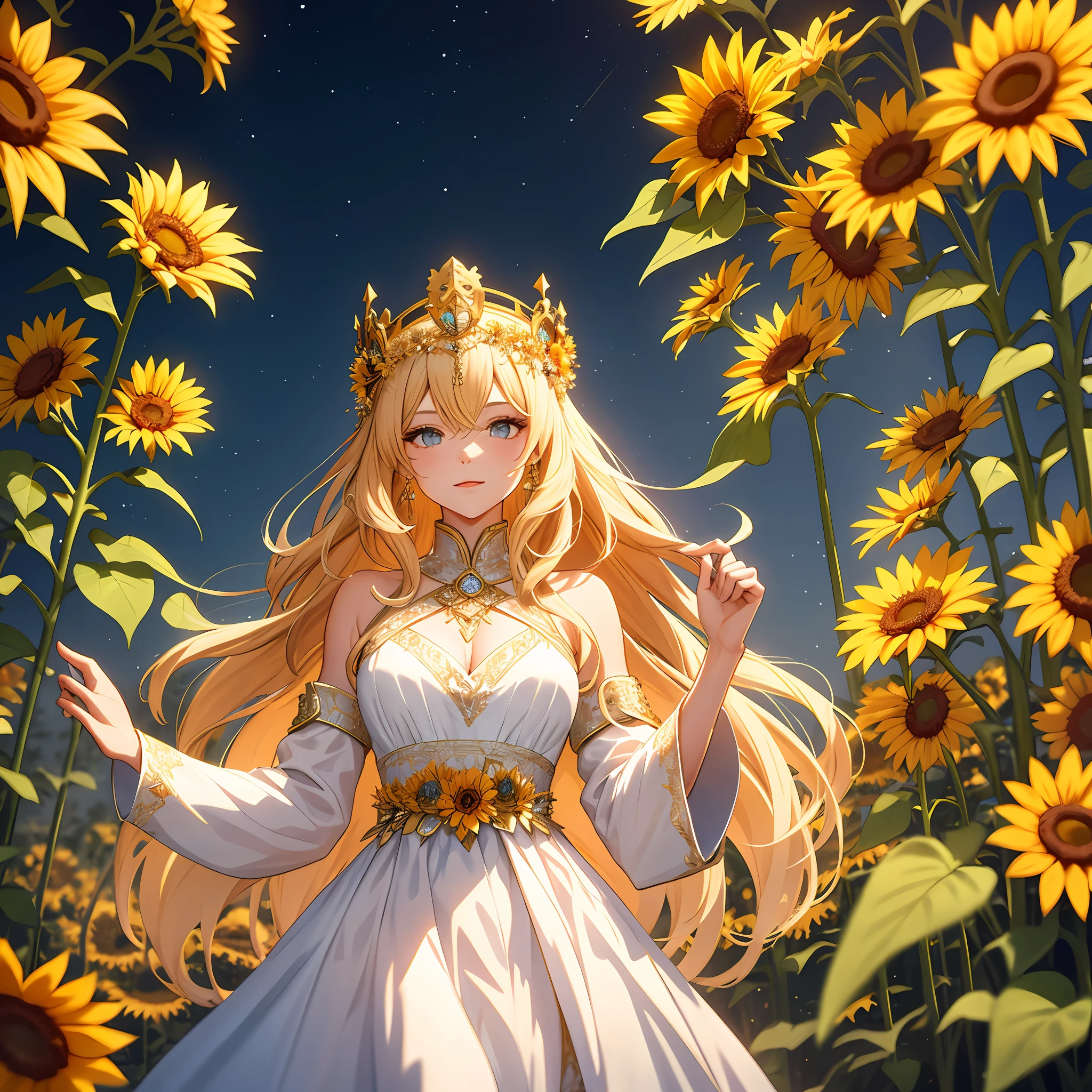 1girl, BREAK,goddess,gold hair, beautiful, wearing a white and gold dress, perfect face, absolutely stunning eye's, wearing a queens crown, surrounded by sunflowers,highest quality digital art, Stunning art, wallpaper 4k,8k,64k, HD, unparalleled masterpiece, dynamic lighting, cinematic, epic