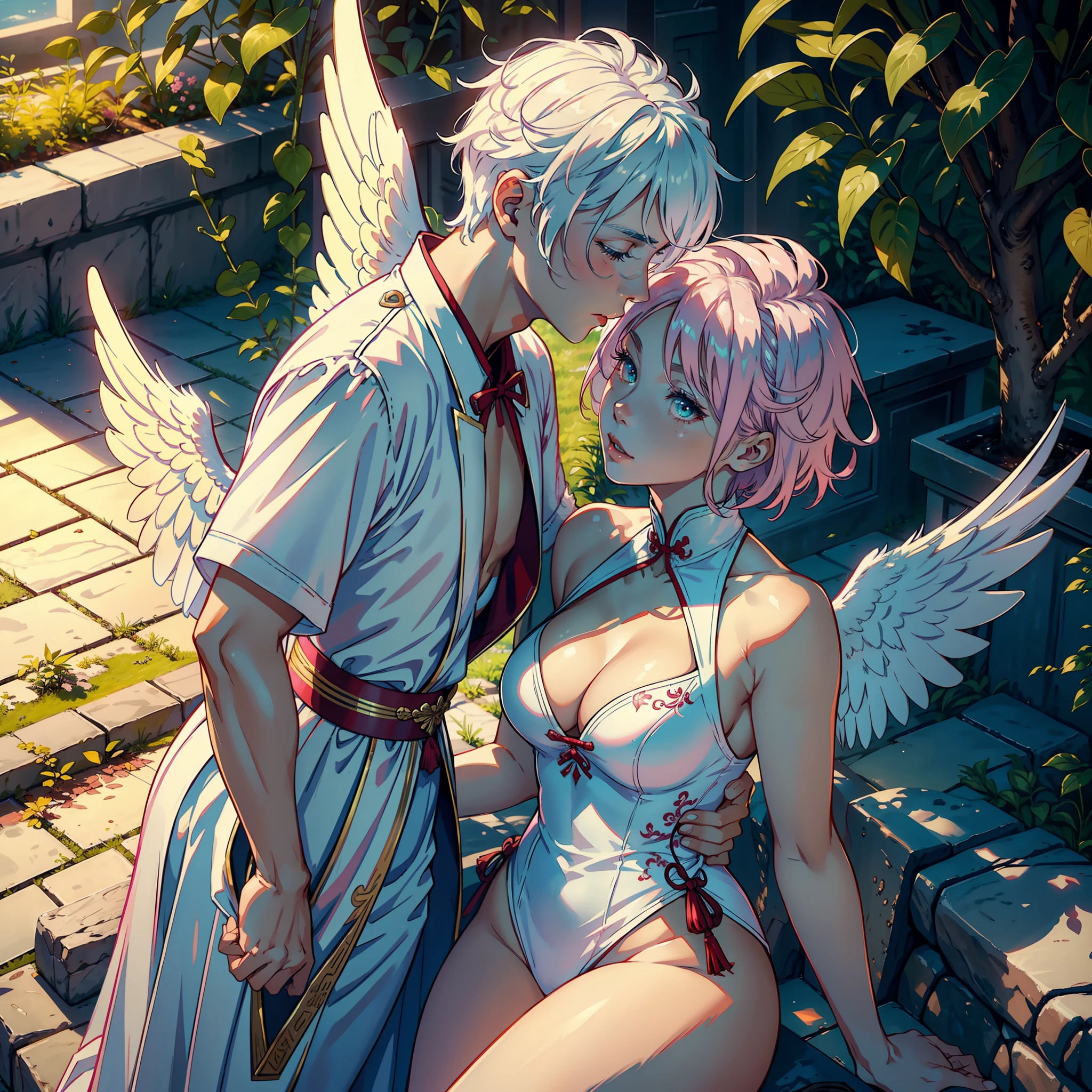 ((realistic: 1.5)),((best quality)), ((masterpiece)),((detailed)), {man, young, white hair, short hair, red eyes, angel wings, general's outfit}, kissing a pink-haired woman, green pupílas, focus on face, sweet smile, long legs, curves, large breasts, neckline, angelic clothing, white, wide hips, long eyelashes, angel wings, Chinese sanctuary