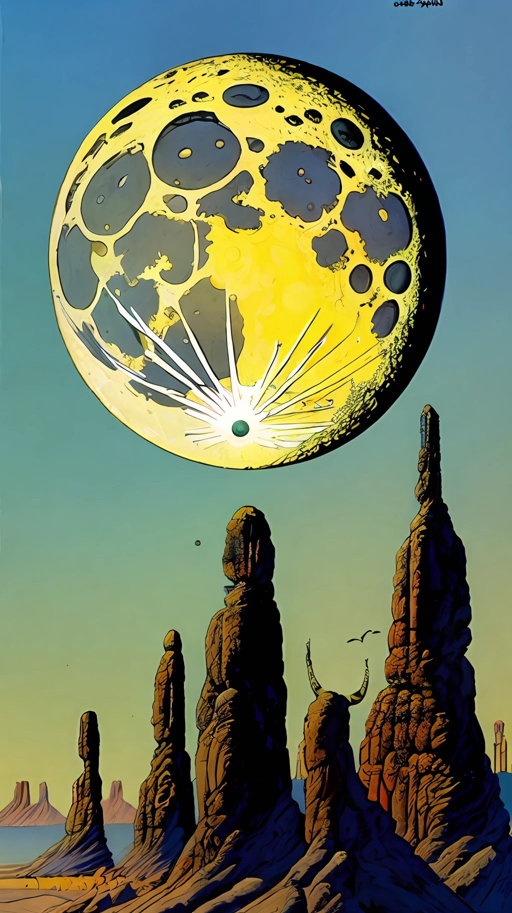 A painting by Moebius Jean Giraud, a giant moon