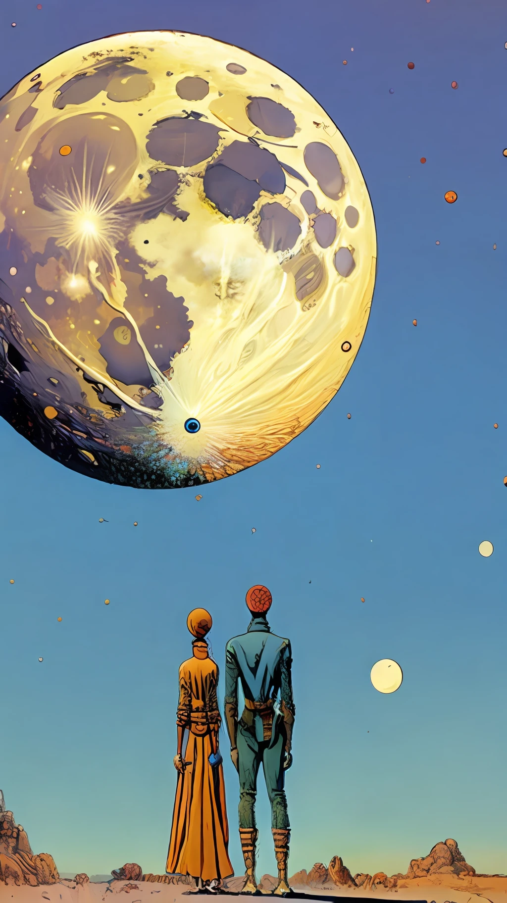 A painting by Moebius Jean Giraud, a giant moon