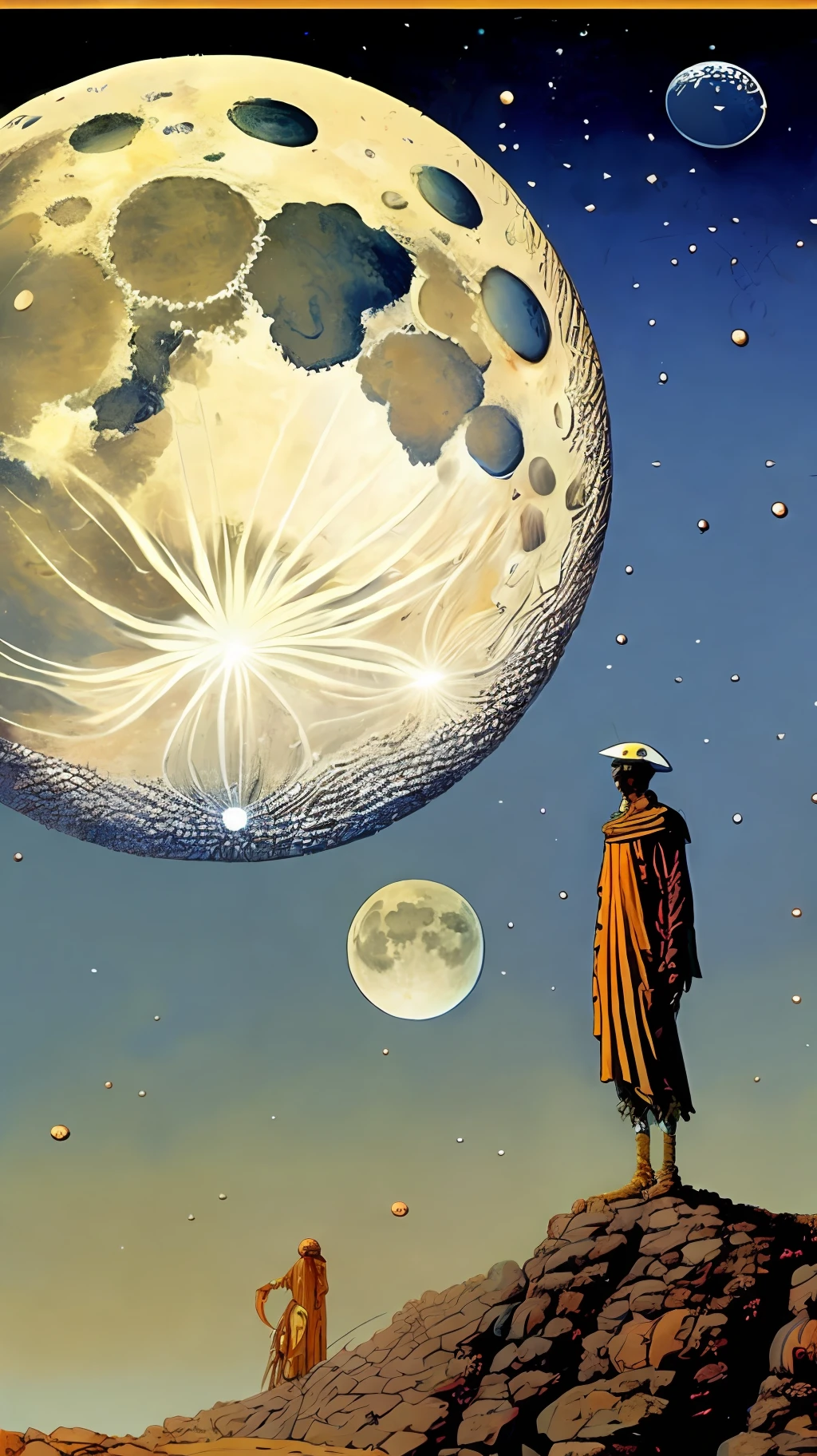 A painting by Moebius Jean Giraud, a giant moon